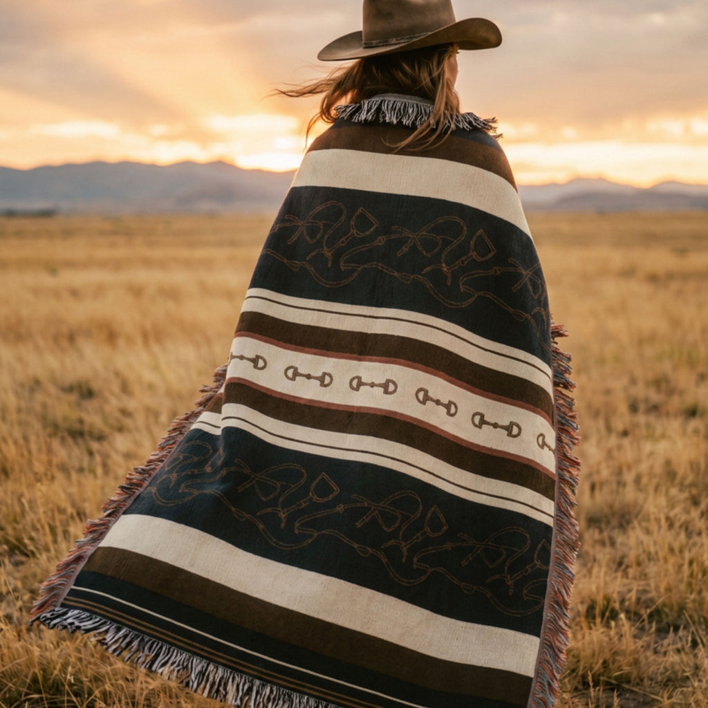 Woman in a cowboy hat wrapped in the Stirrup Row equestrian woven cotton throw blanket standing in an open field at sunset, showing the navy and cream stripe pattern with horseshoe detail and multicolor fringe — Trini Skies