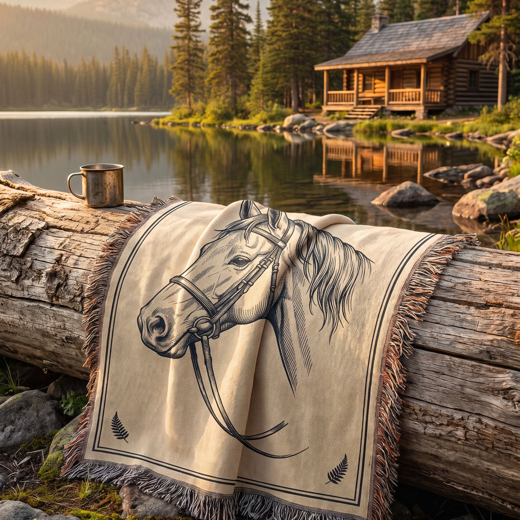 Quiet Mare woven cotton throw blanket draped over a weathered log beside a mountain lake and log cabin — Trini Skies
