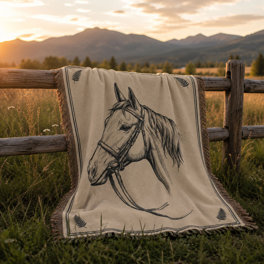 Quiet Mare woven cotton throw blanket draped over a rustic ranch fence rail, horse portrait with fern corner details — Trini Skies