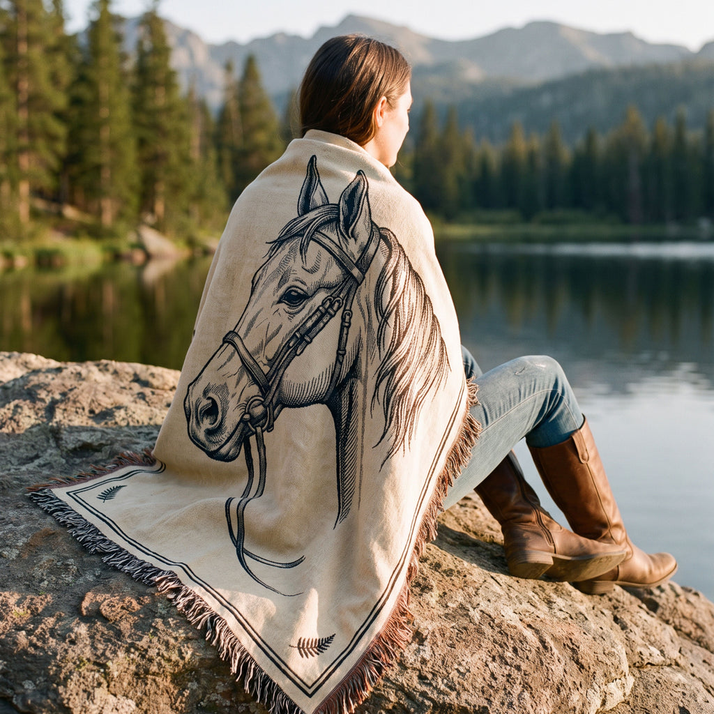 Quiet Mare woven cotton throw blanket draped naturally over the shoulders, riding boots and denim, mountain lake in the background — Trini Skies