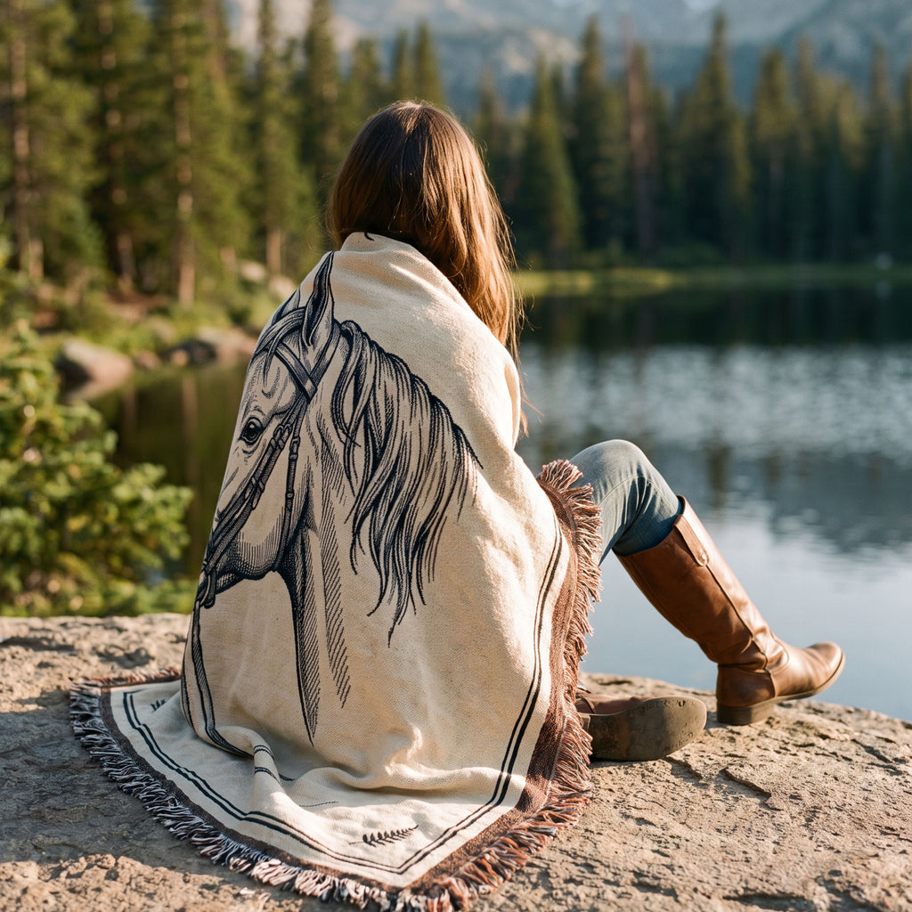 Woman wrapped in the Quiet Mare woven cotton throw blanket, hand-illustrated horse portrait design, seated lakeside at golden hour — multicolor fringe on both long sides, black-and-white fringe top and bottom — Trini Skies