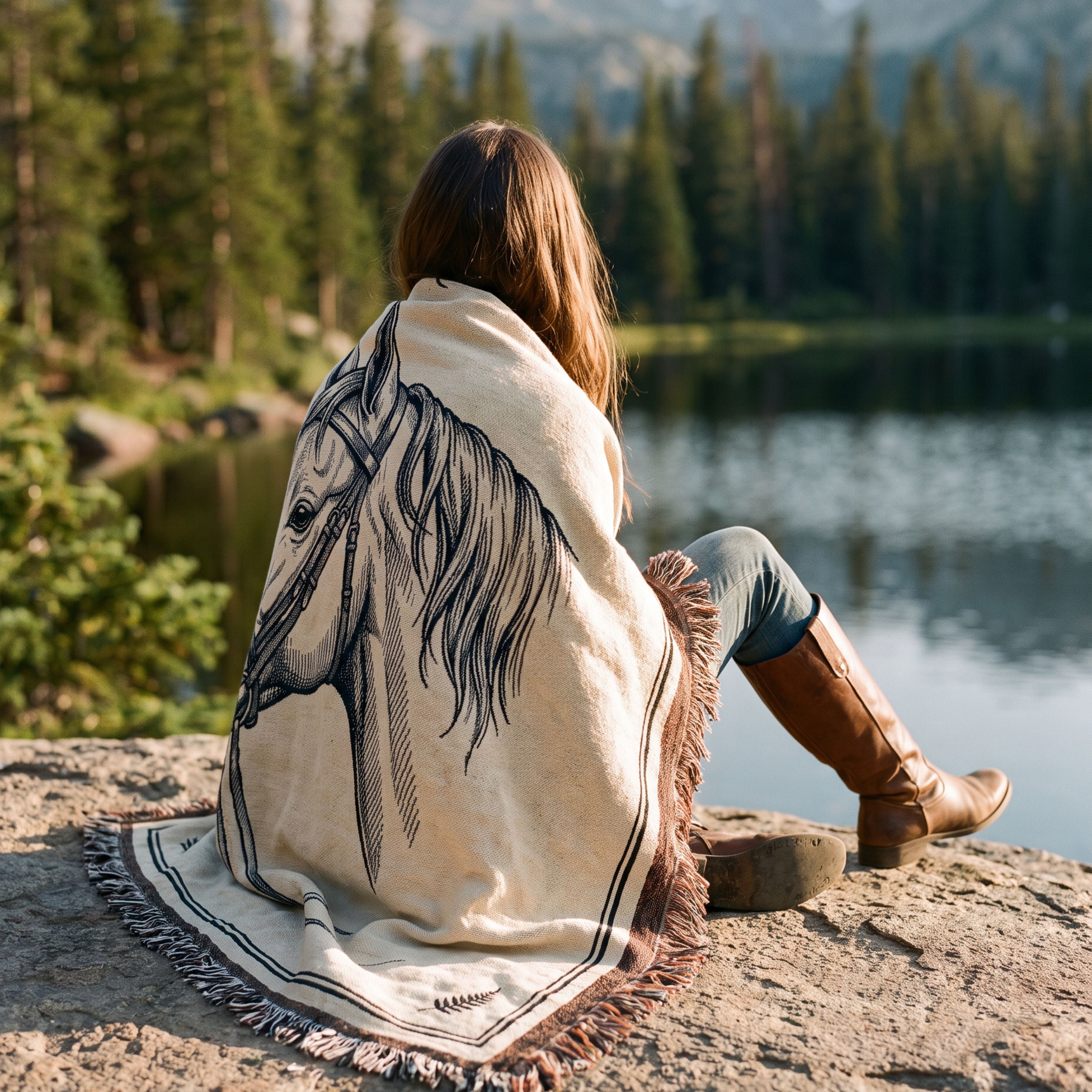 Woman wrapped in the Quiet Mare woven cotton throw blanket, hand-illustrated horse portrait design, seated lakeside at golden hour — multicolor fringe on both long sides, black-and-white fringe top and bottom — Trini Skies