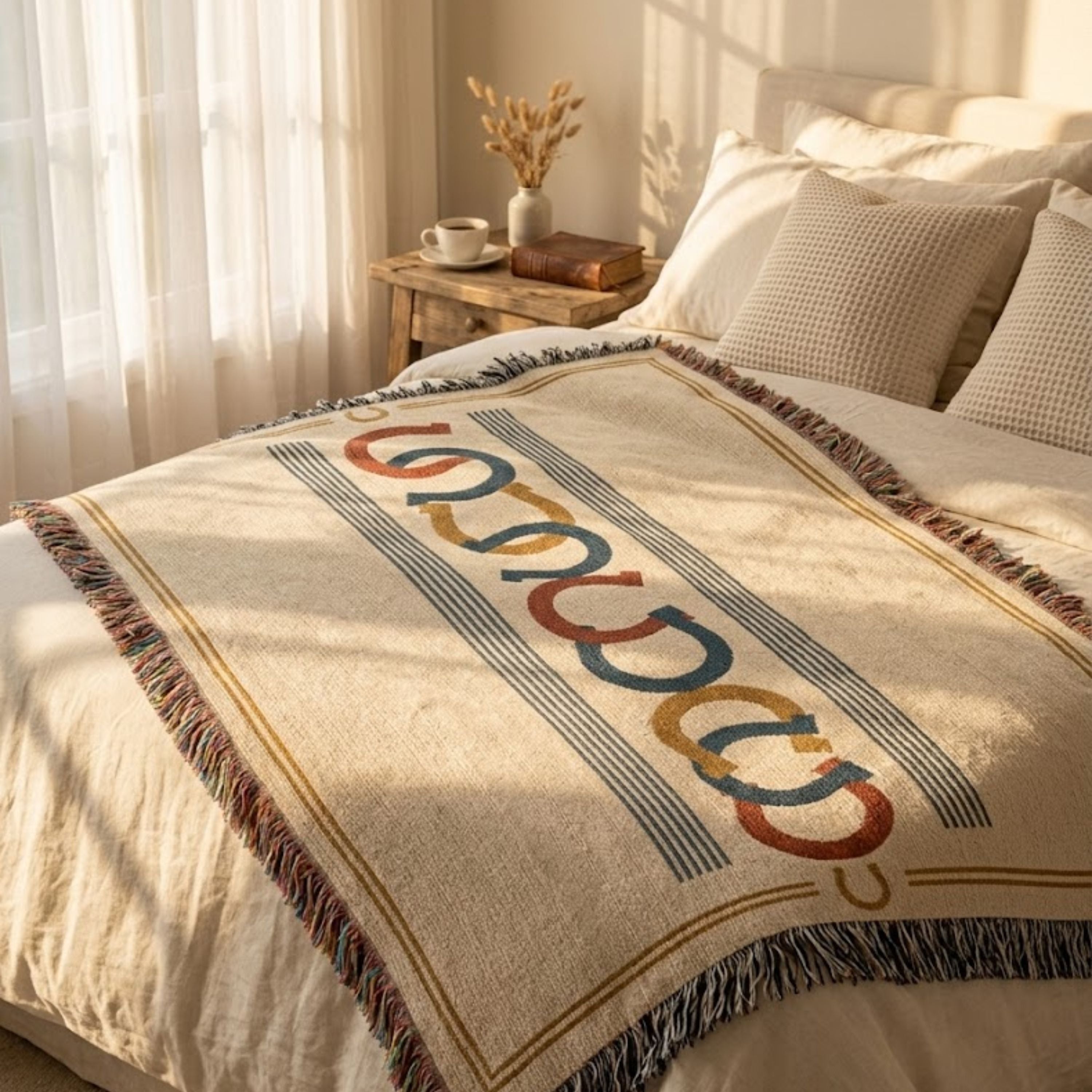 Horseshoe Row woven cotton throw blanket folded at the foot of a bed, showing the repeating horseshoe motif in red, rust, and denim blue — Trini Skies