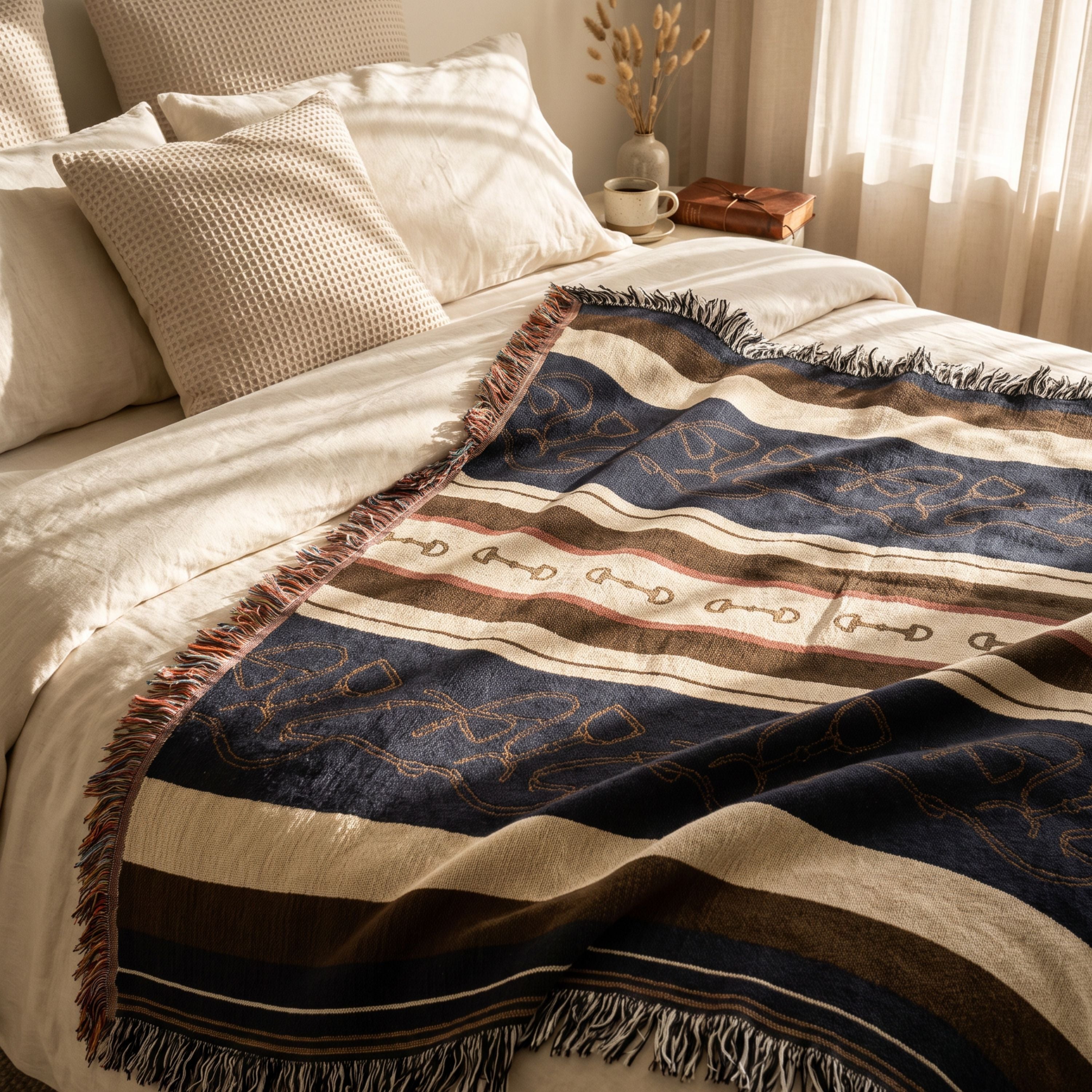 Stirrup Row equestrian woven cotton throw blanket folded at the foot of a bed, showing the navy and cream stripe pattern with horseshoe detail — Trini Skies