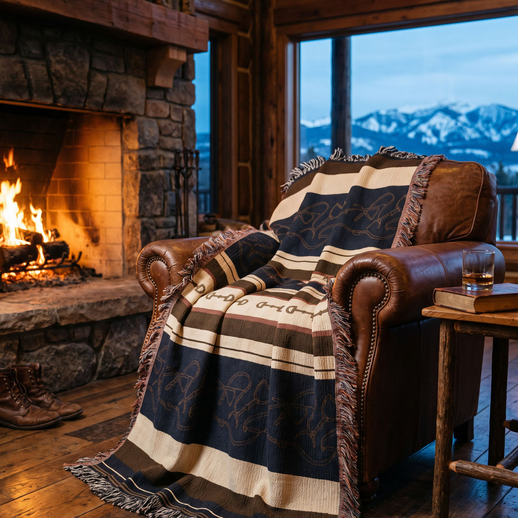 Stirrup Row equestrian woven cotton throw blanket draped over a leather armchair beside a fireplace, showing the navy and cream stripe pattern and multicolor fringe — Trini Skies