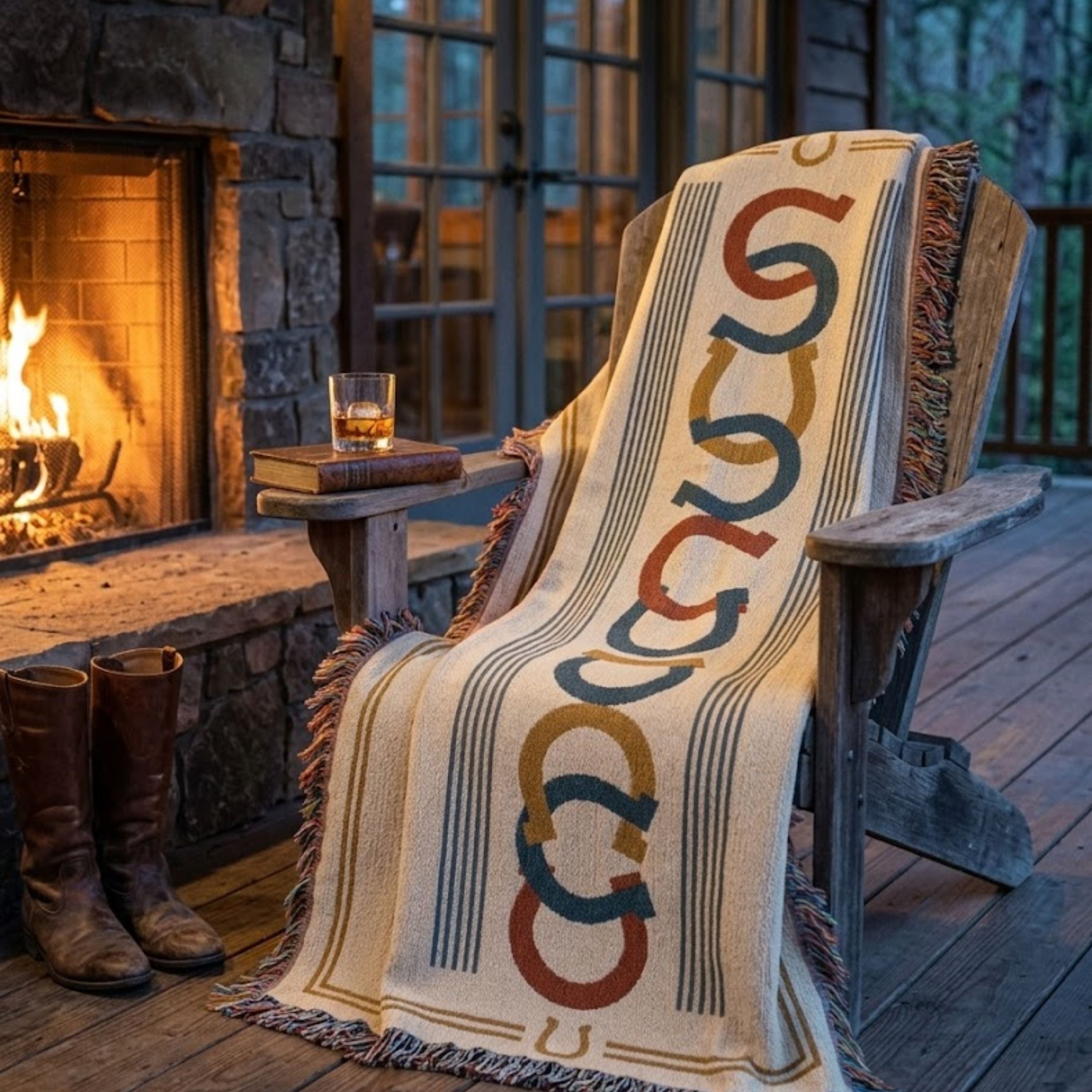 Horseshoe Row woven cotton throw blanket draped over a wooden chair, showing the horseshoe motif pattern and woven texture — Trini Skies