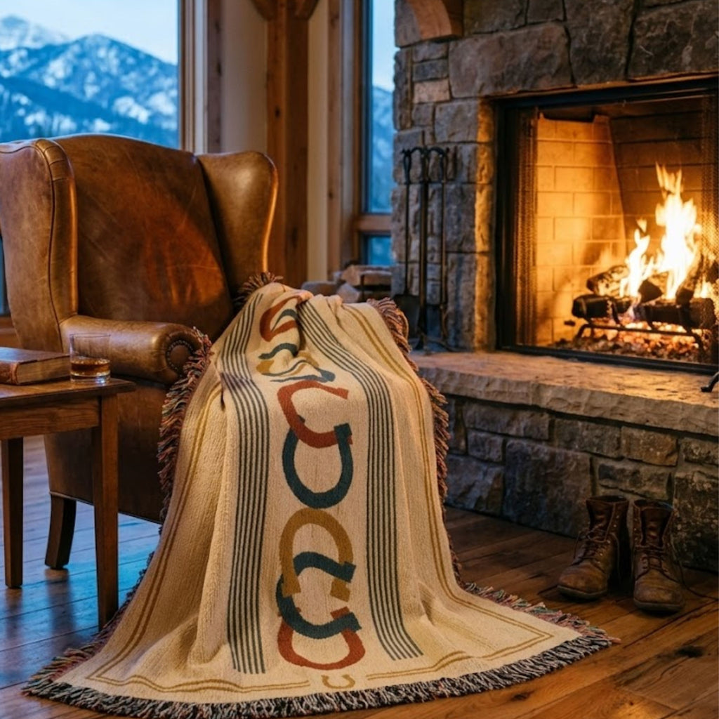 Horseshoe Row woven cotton throw blanket draped over a leather armchair beside a stone fireplace, showing the horseshoe motif pattern and multicolor fringe — Trini Skies