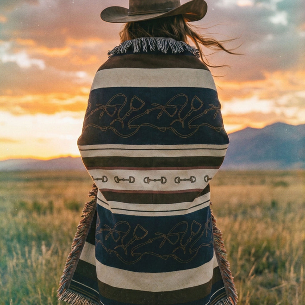 Stirrup Row equestrian woven cotton throw blanket draped over a wooden chair on a ranch, showing the navy and cream stripe pattern and horseshoe detail — Trini Skies