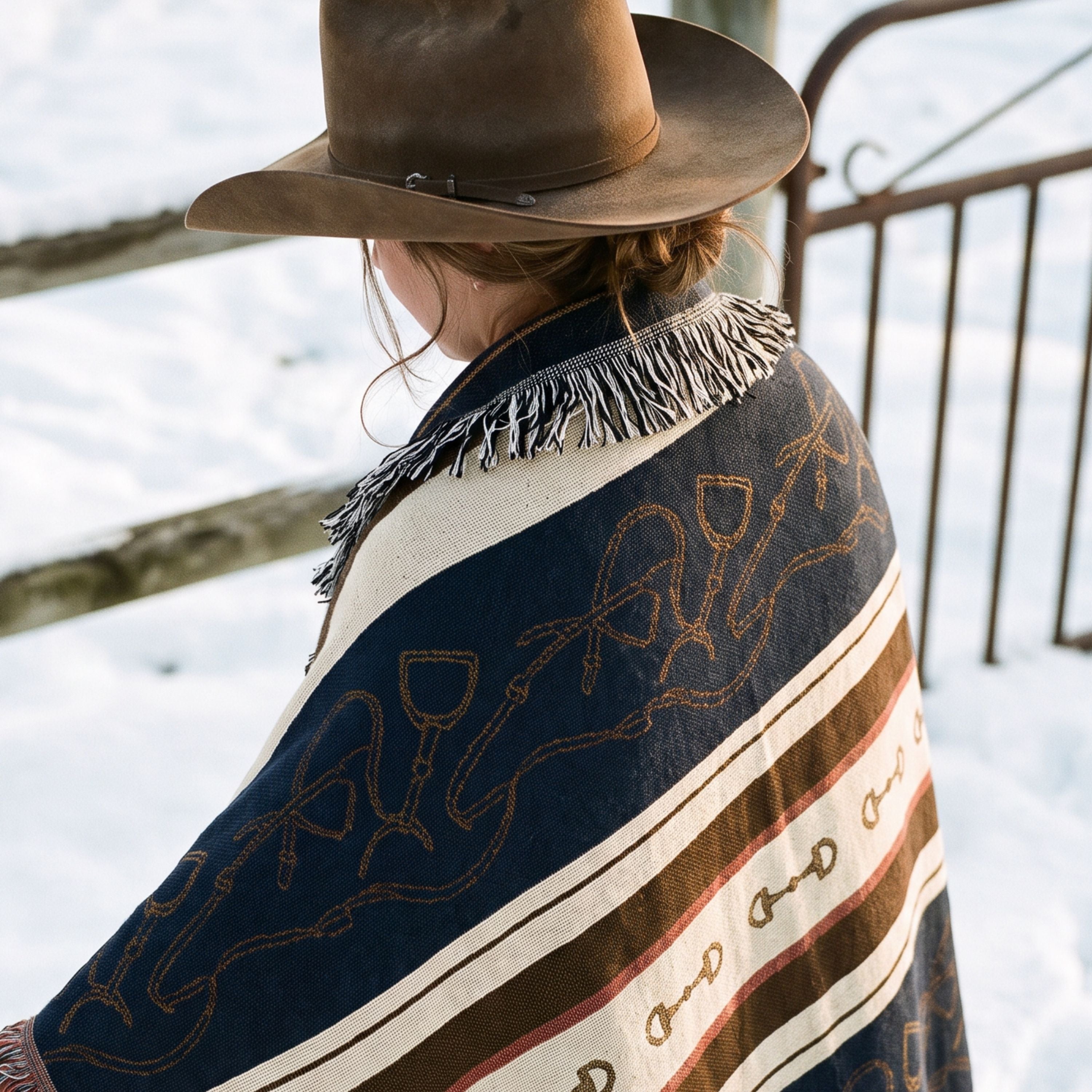 Close view of the Stirrup Row equestrian woven cotton throw blanket showing the horseshoe motif and jacquard stripe texture in navy and cream — Trini Skies
