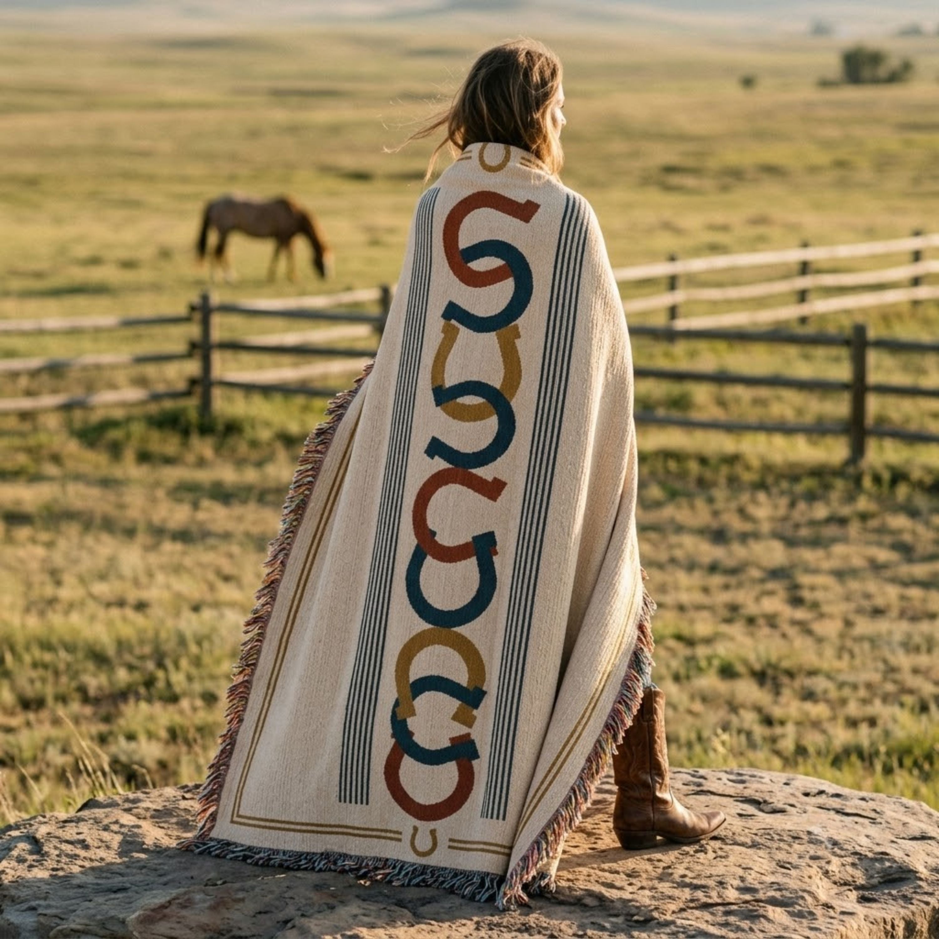 Woman wrapped in the Horseshoe Row woven cotton throw blanket standing in an open ranch field with a horse grazing in the background, showing the repeating horseshoe motif in red, rust, and denim blue on an ivory field with multicolor fringe — Trini Skies