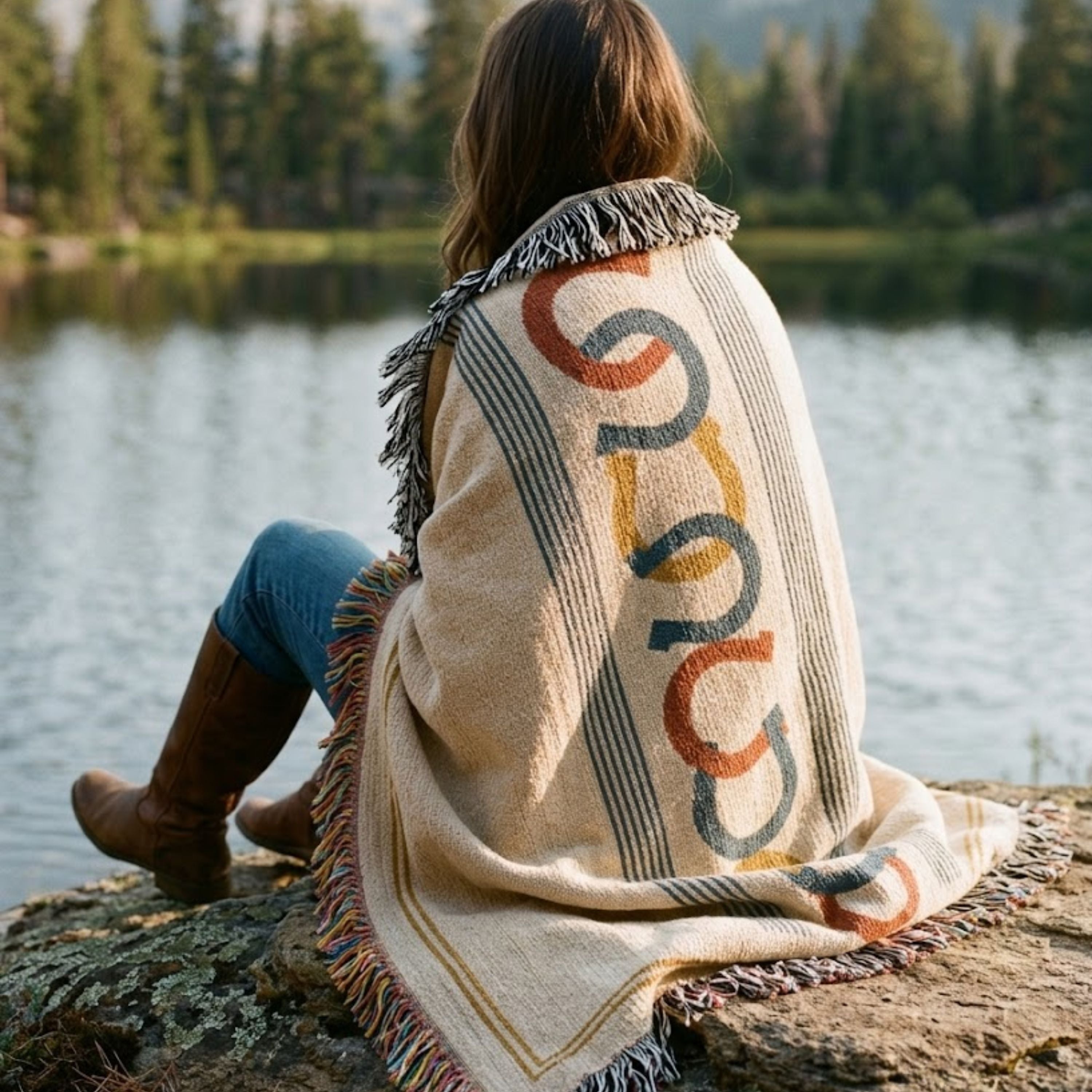 Horseshoe Row woven cotton throw blanket laid flat showing the full repeating horseshoe column pattern and multicolor fringe — Trini Skies