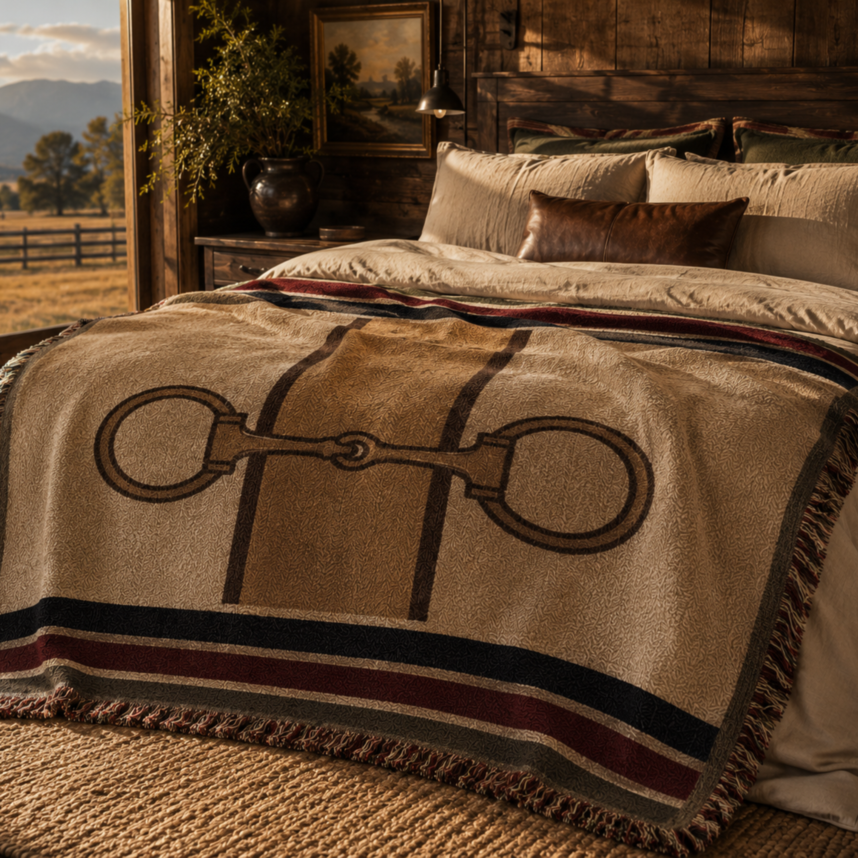 Equestrian Estate woven cotton throw blanket with snaffle bit motif styled on a log bed in a ranch bedroom — horse painting above, hunter green burgundy and navy stripe border, Trini Skies