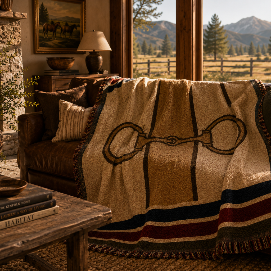 Equestrian Estate woven cotton throw blanket with heritage snaffle bit draped over a leather sofa — ivory herringbone, hunter green and burgundy stripes, multicolor fringe, Trini Skies