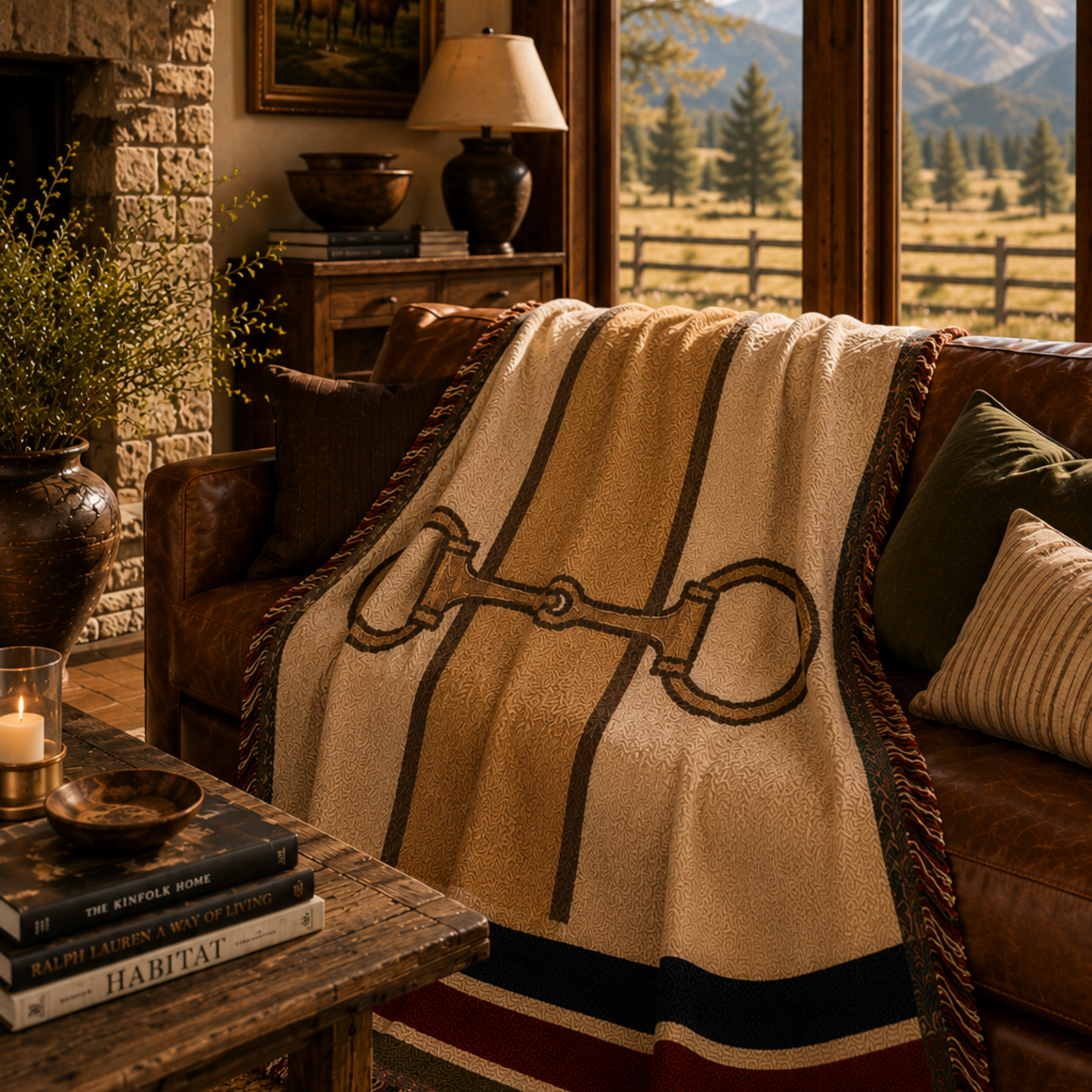 Equestrian Estate woven throw blanket on a leather armchair with mountain ranch view through window — snaffle bit motif, 100% cotton, multicolor fringe, Trini Skies