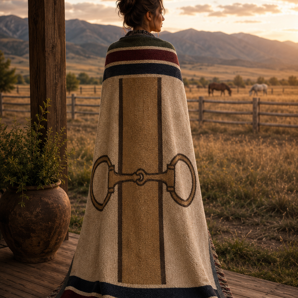 Woman wrapped in Equestrian Estate woven cotton throw blanket on a ranch at sunset — ivory herringbone with snaffle bit center motif and multicolor fringe, Trini Skies