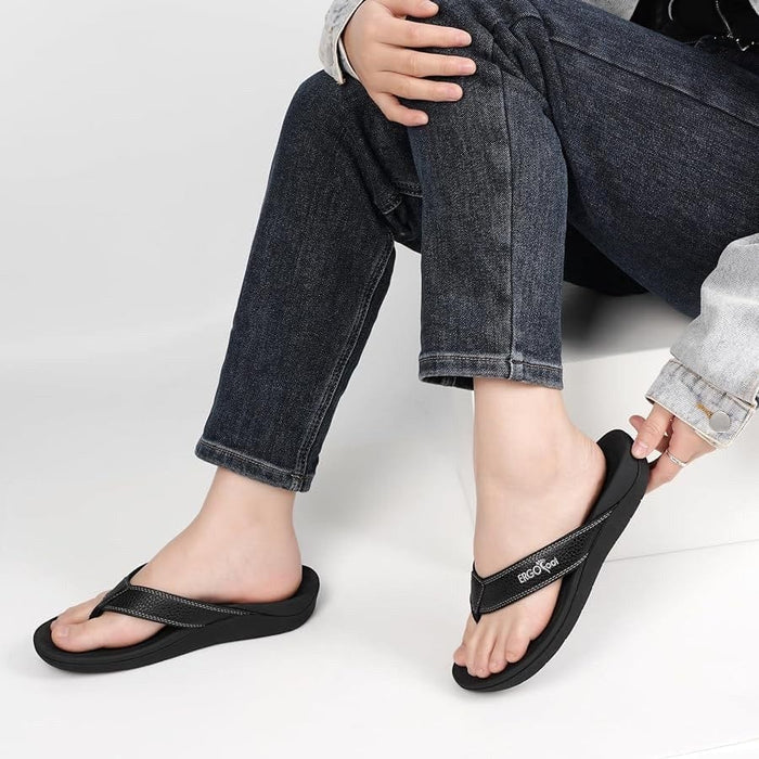 Ergofool 6 / Black ERGOfoot Orthotic Flip Flops Arch Support- Wom 6 and Men 5 Thong Sandals Shoes