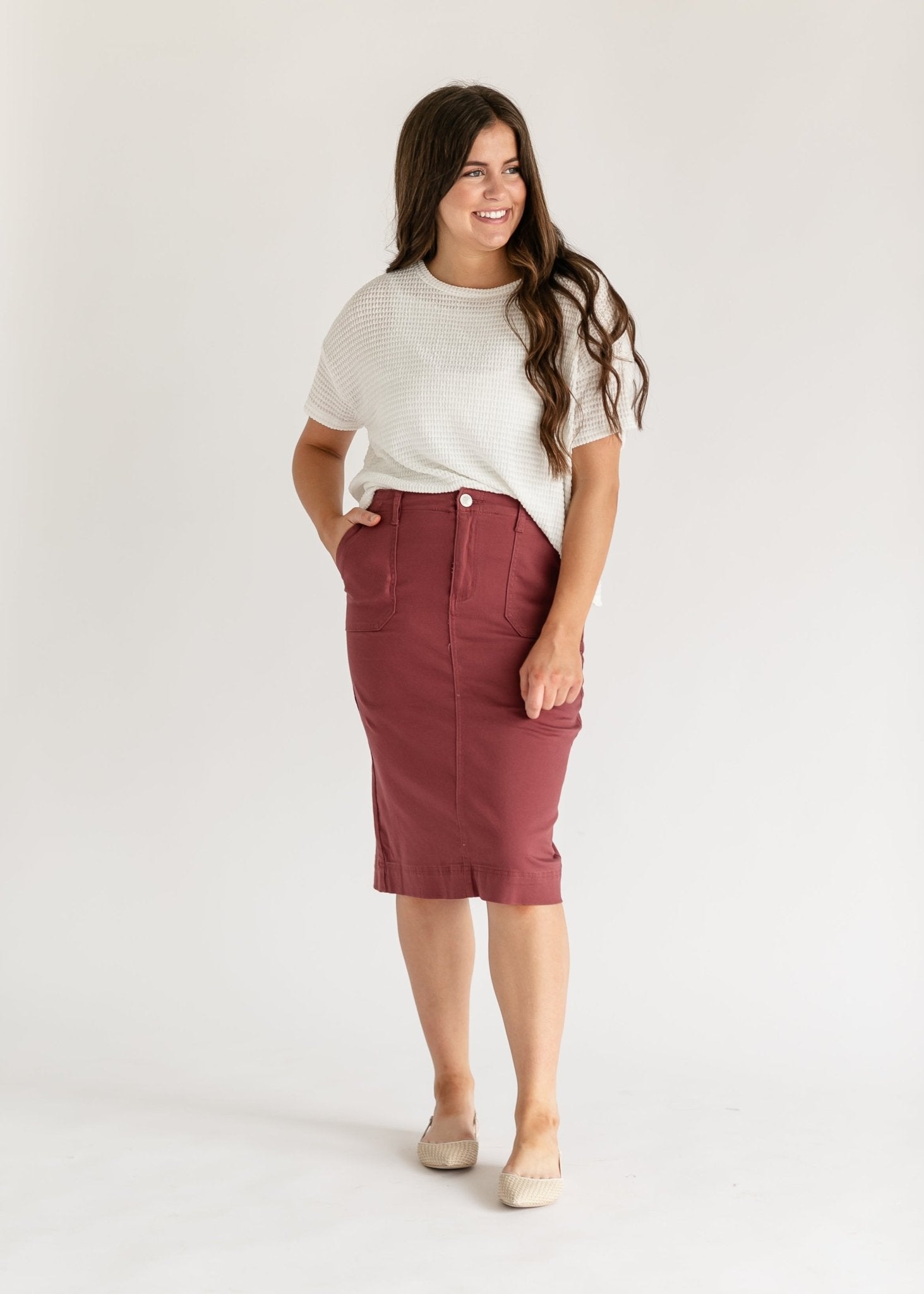 Erica Cotton Twill Midi Skirt – Classic Stretch Modest Skirt with Length Options - Triniskies