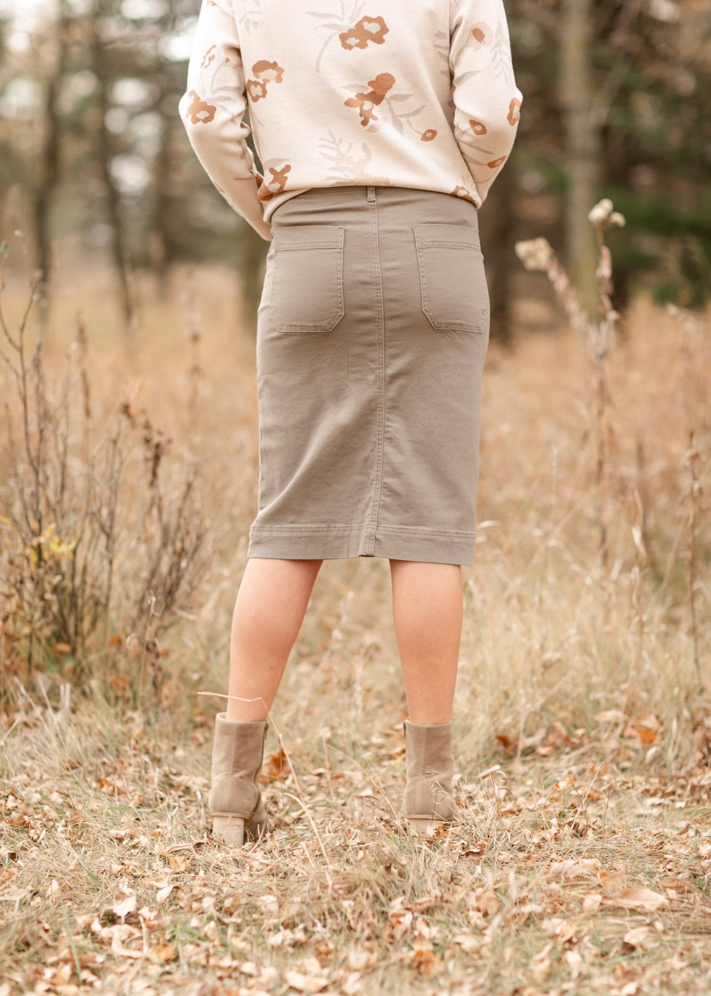 Erica Cotton Twill Midi Skirt – Classic Stretch Modest Skirt with Length Options - Triniskies