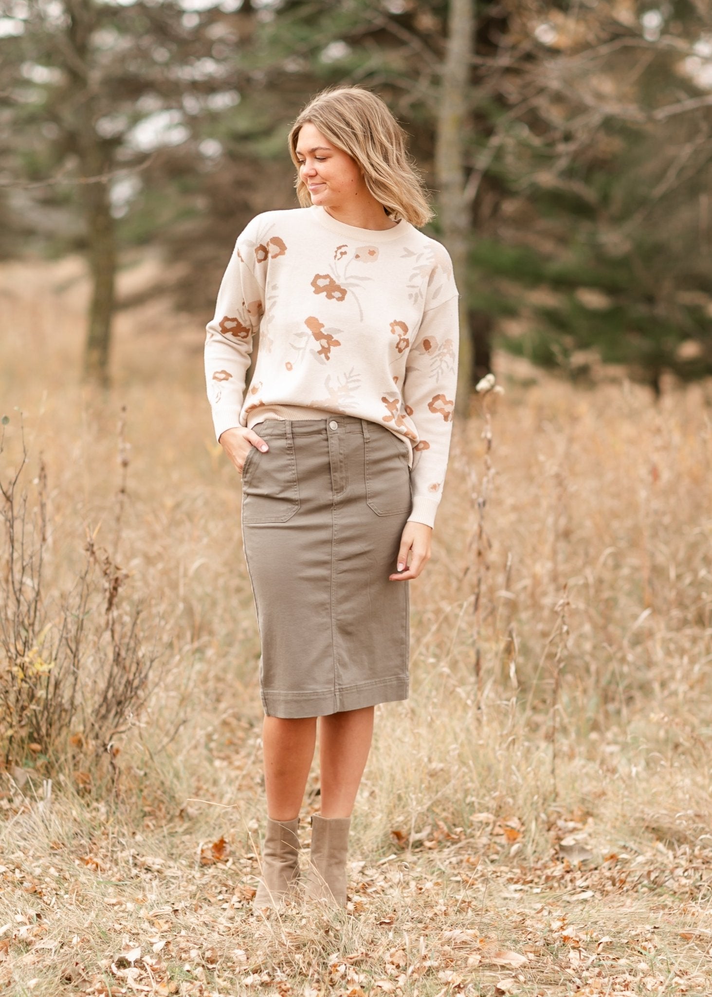 Erica Cotton Twill Midi Skirt – Classic Stretch Modest Skirt with Length Options - Triniskies