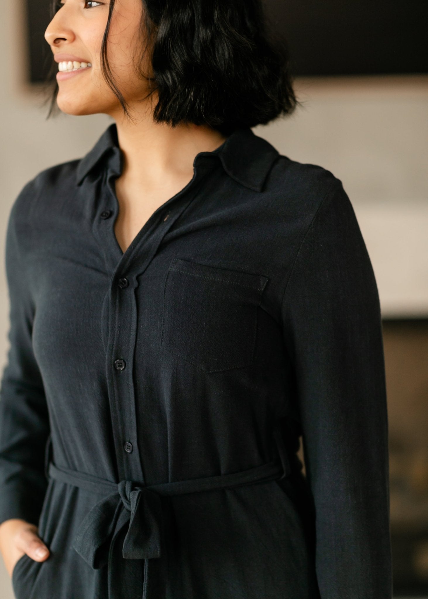 Essential Linen Shirt Dress – Long Sleeve Button - Front with Belt - Triniskies