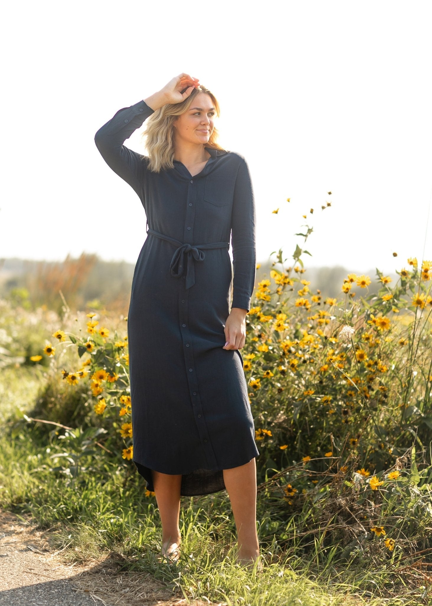 Essential Linen Shirt Dress – Long Sleeve Button - Front with Belt - Triniskies