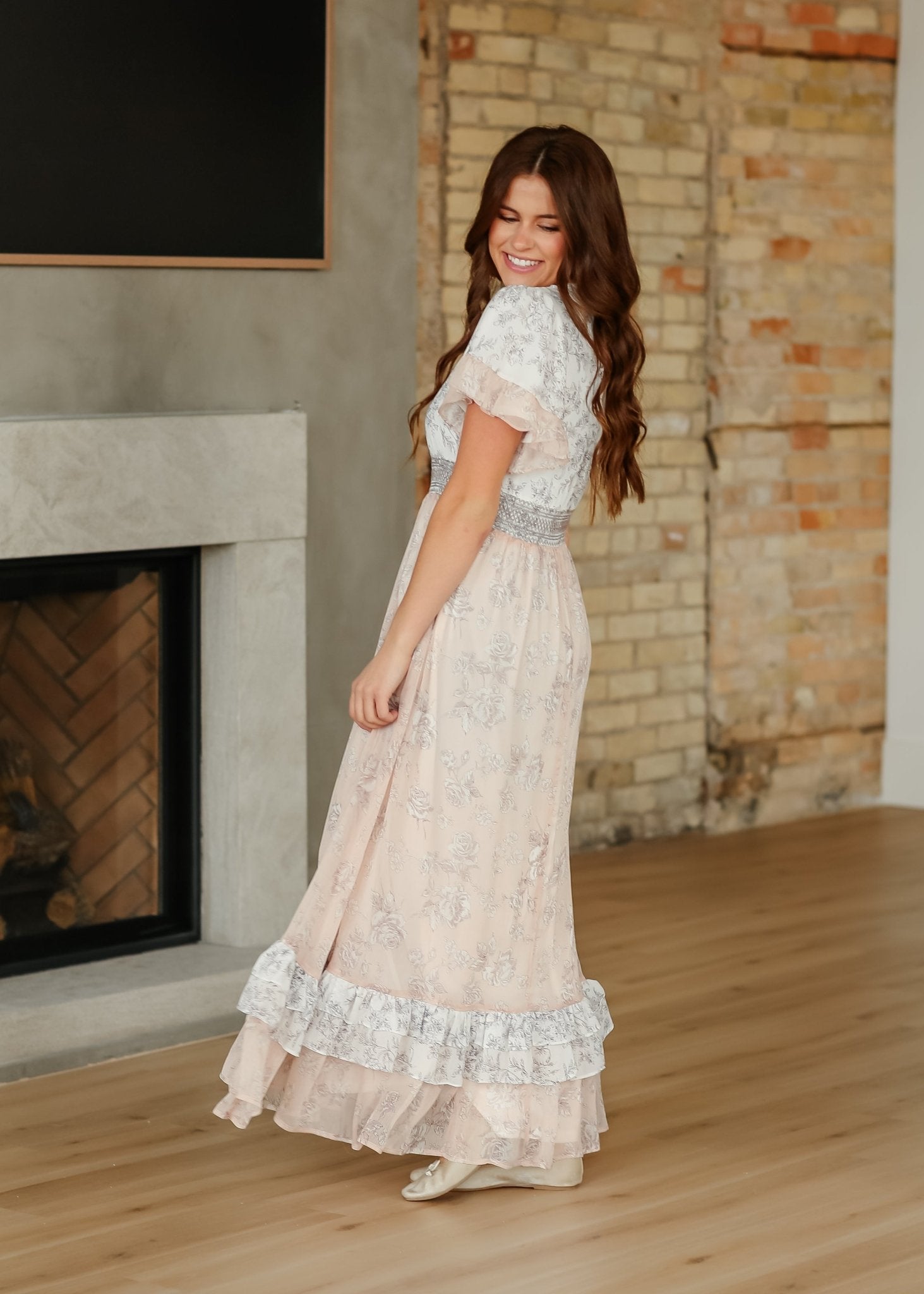 Estelle Floral Maxi Dress – Pink Ruffle Sleeve & Smocked Waist - Triniskies