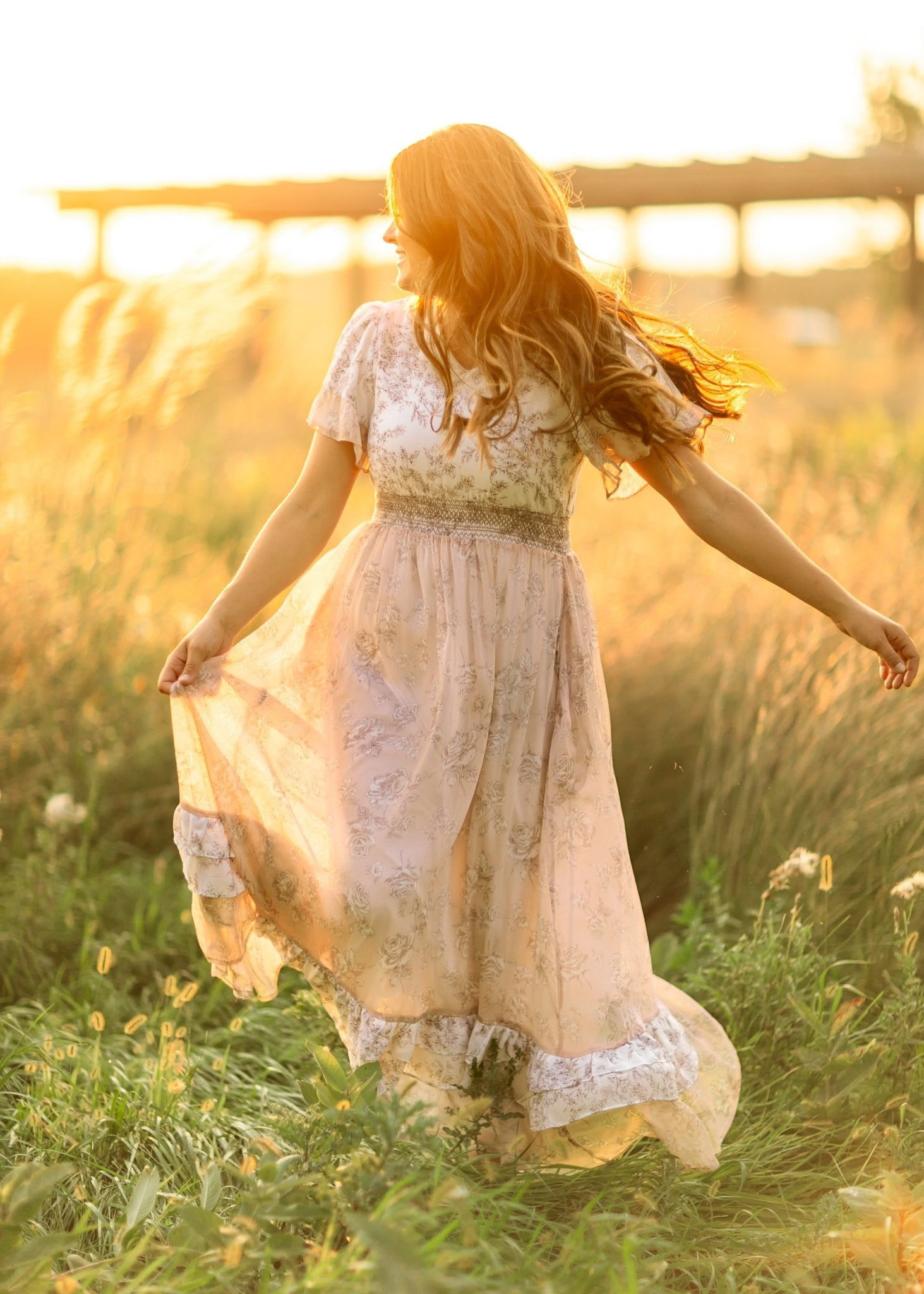 Estelle Floral Maxi Dress – Pink Ruffle Sleeve & Smocked Waist - Triniskies