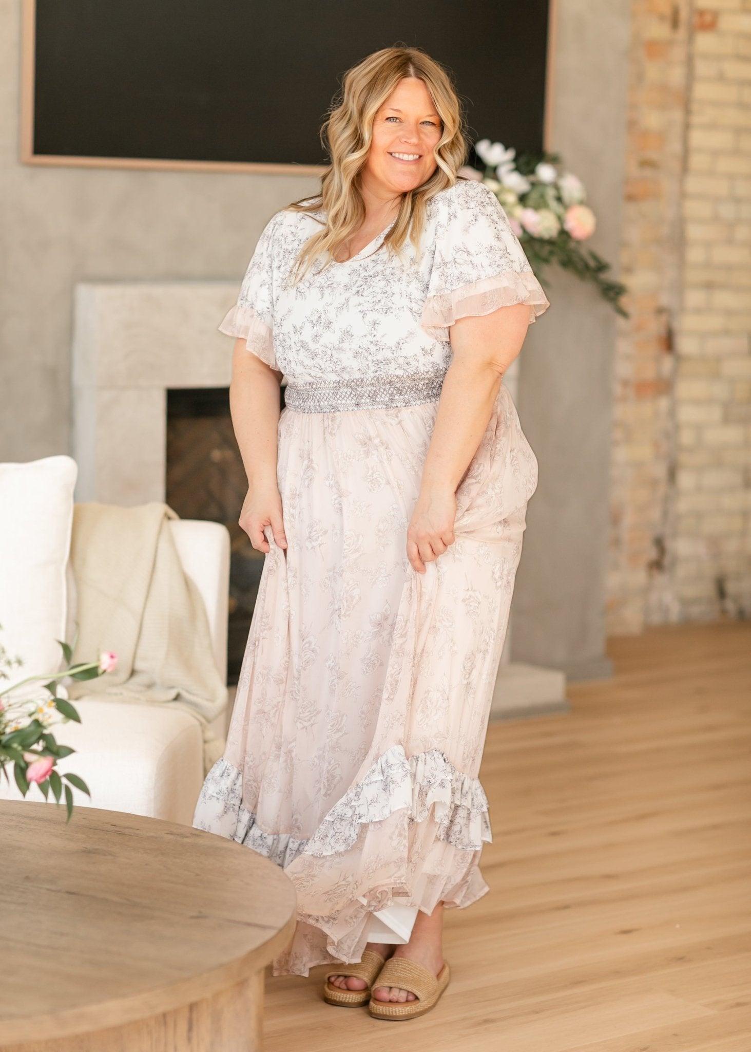 Estelle Floral Maxi Dress – Pink Ruffle Sleeve & Smocked Waist - Triniskies