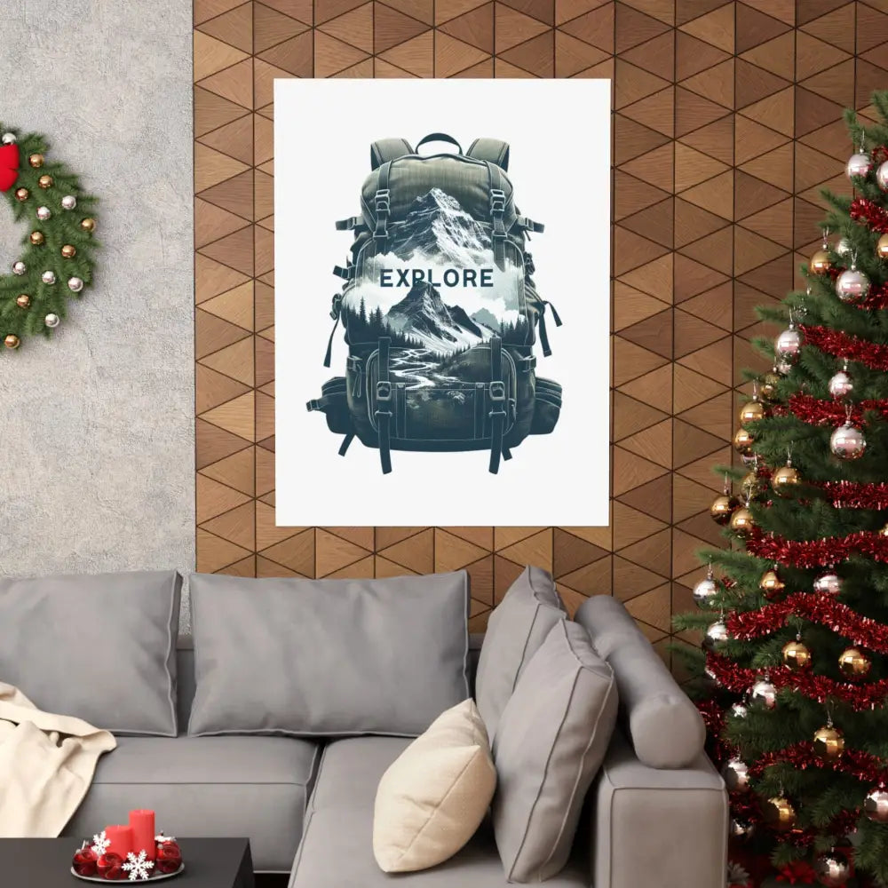 Explore Outdoor Adventure Matte Vertical Poster Hiking Backpack with Trini Skies