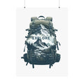 Green hiking backpack with Trini Skies explore outdoor adventure matte vertical design