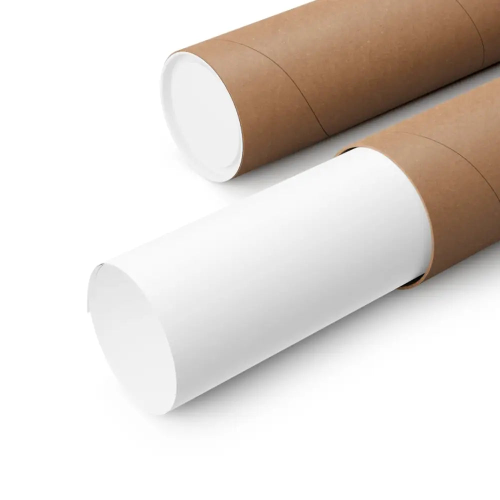 Two brown mailing tubes with white caps and rolled Trini Skies adventure matte vertical poster