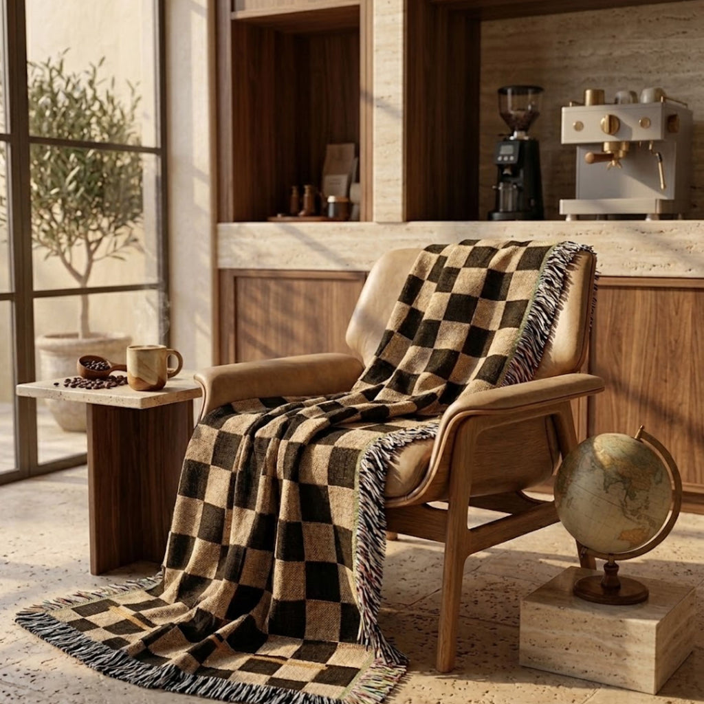 Espresso and oat checkerboard woven cotton throw blanket draped over a leather armchair beside a home coffee bar with espresso machine and grinder