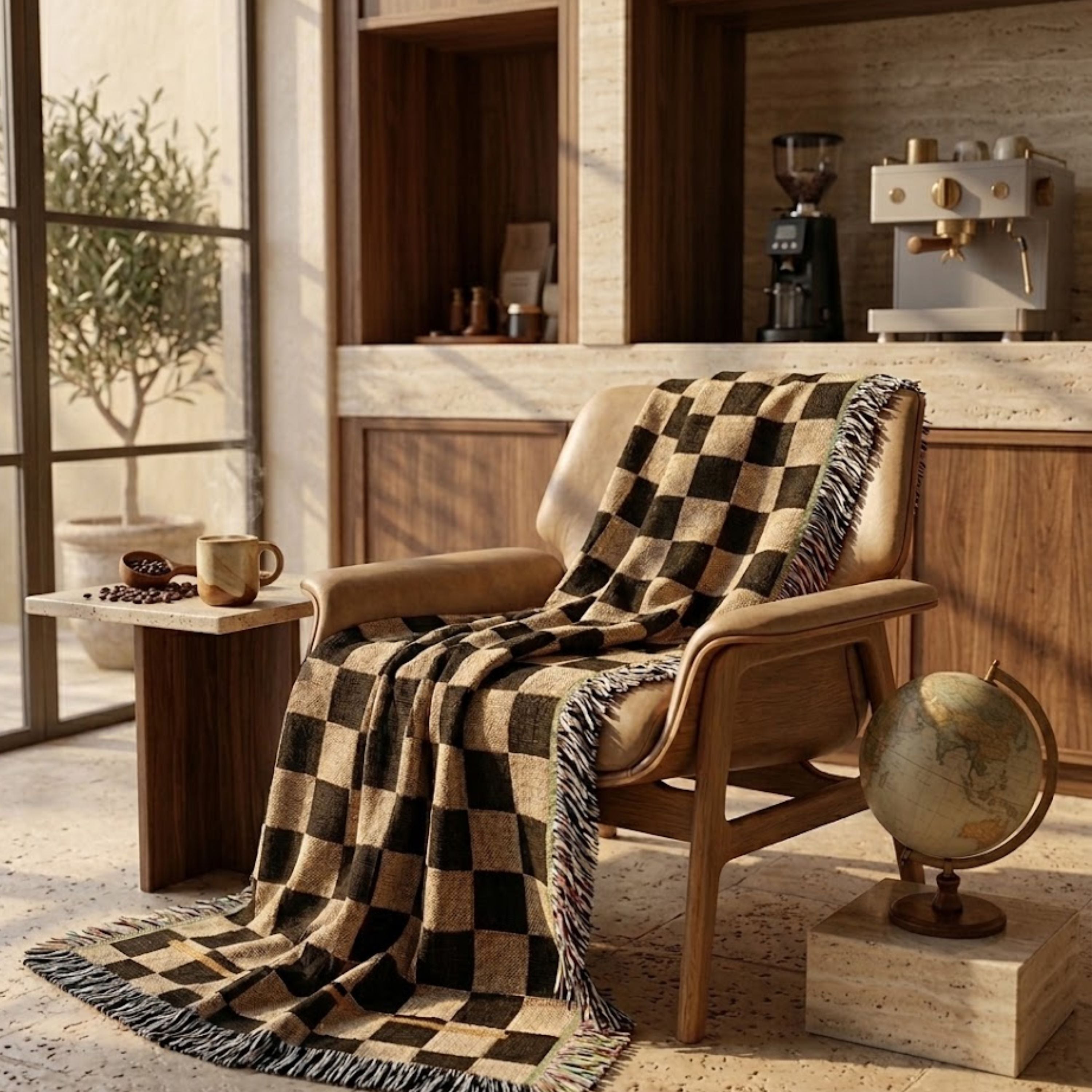 Espresso and oat checkerboard woven cotton throw blanket draped over a leather armchair beside a home coffee bar with espresso machine and grinder