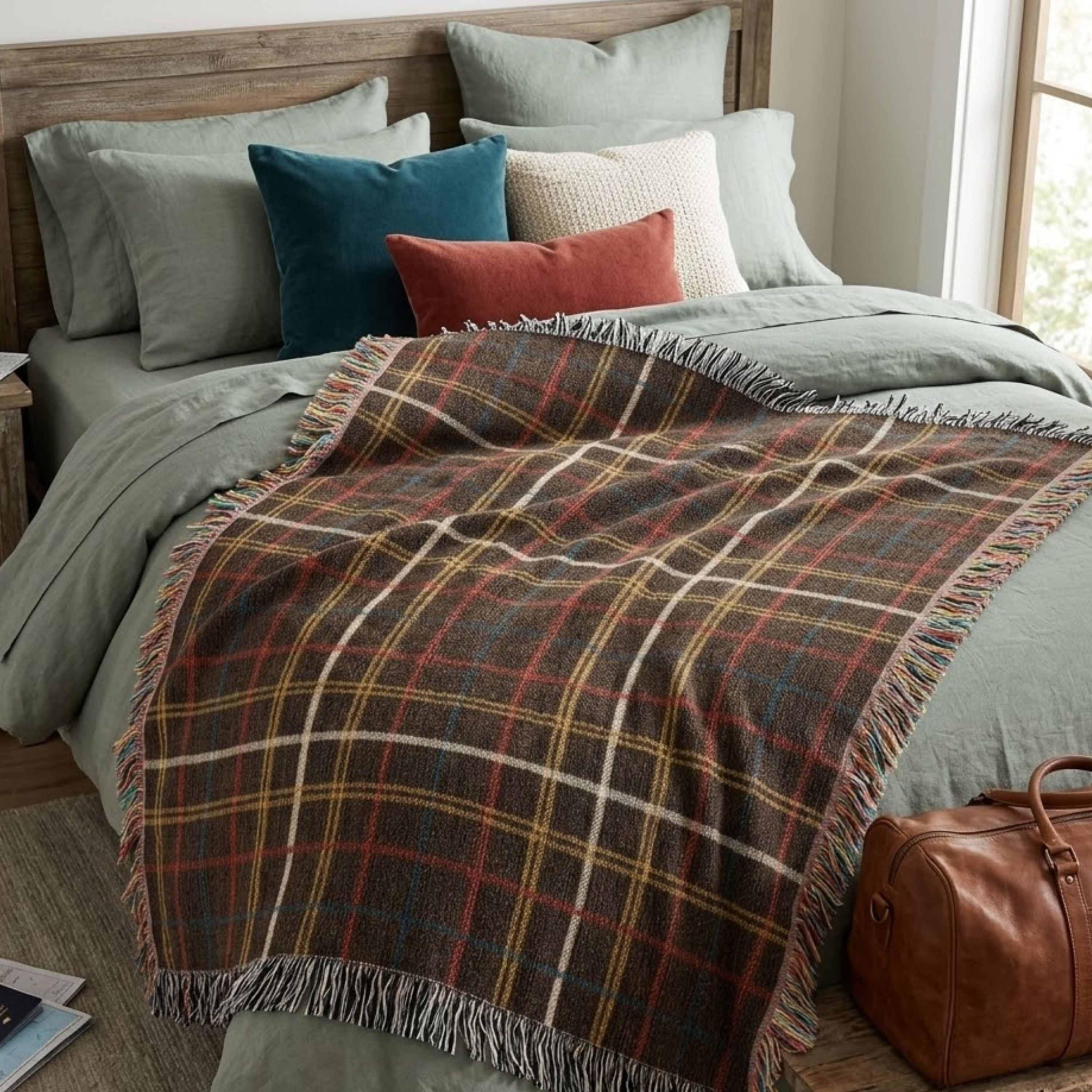 The Espresso Heritage Sett woven cotton throw blanket folded at the foot of a bed styled with red and teal accent pillows, showing the espresso brown tartan sett pattern with cream, doubled gold, and red-and-teal pinstripes — Trini Skies