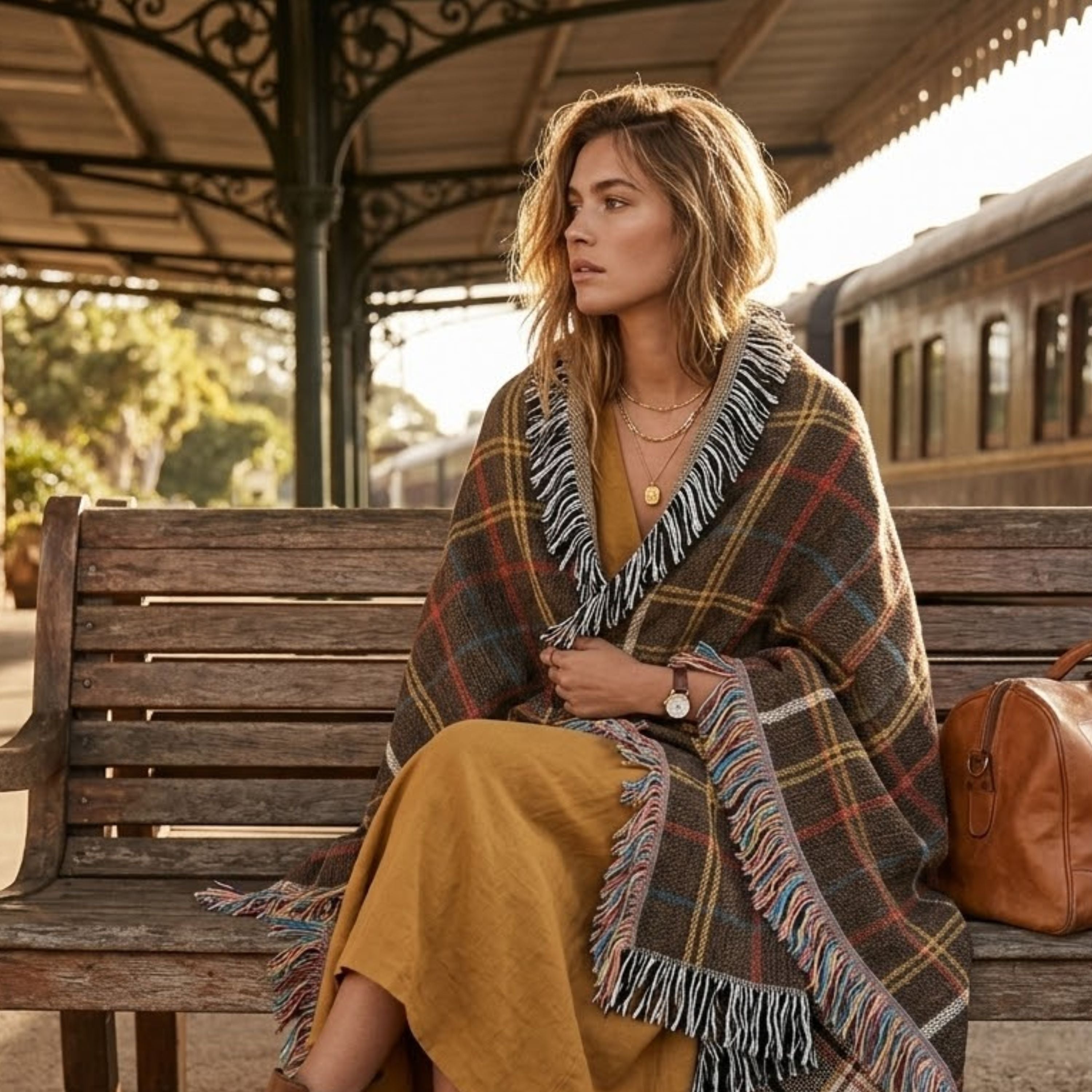 Woman seated on a park bench with the Espresso Heritage Sett woven cotton throw blanket draped over her shoulders in a travel-inspired outdoor setting, showing the espresso brown tartan sett pattern and multicolor twisted fringe — Trini Skies