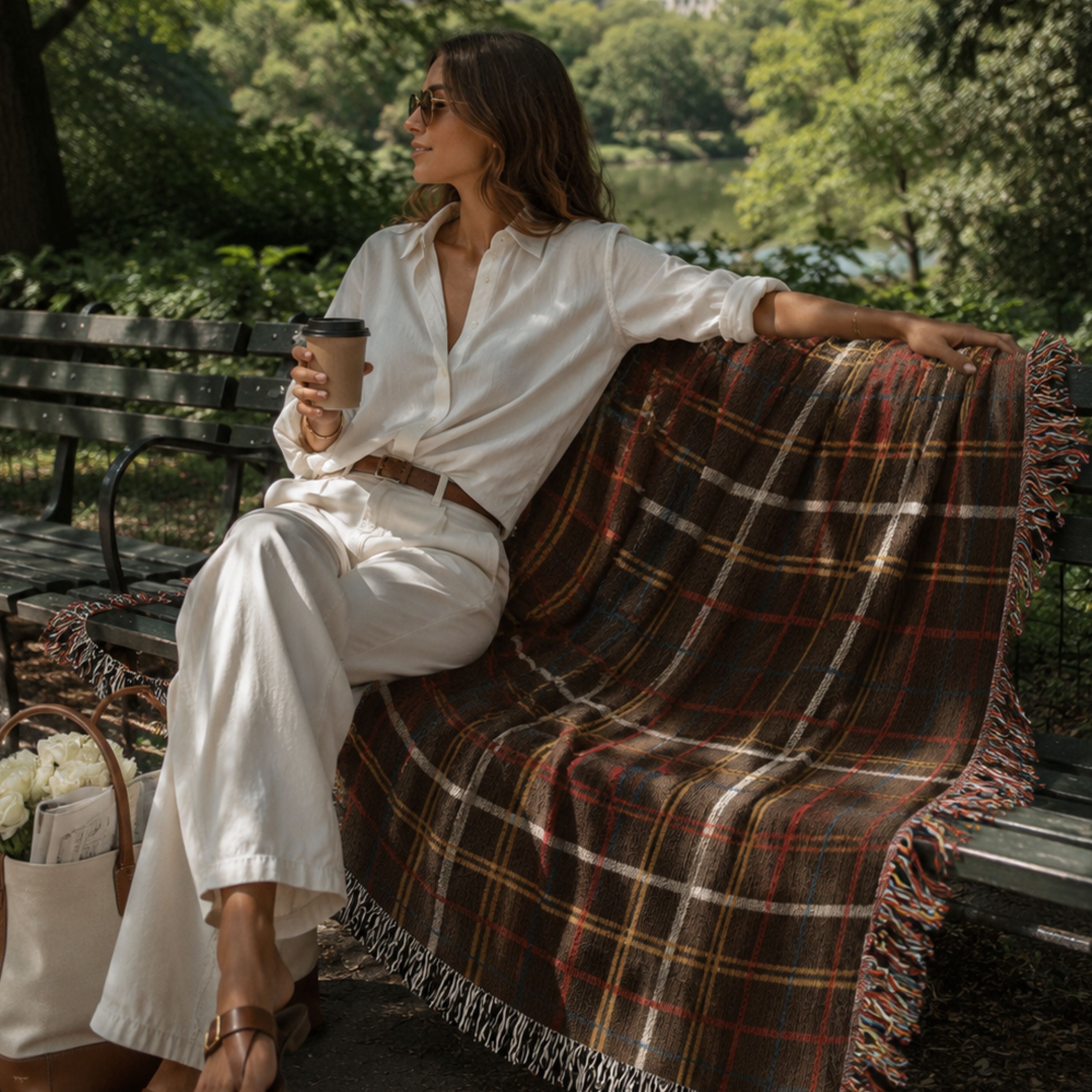 Woman wrapped in the Espresso Heritage Sett woven cotton throw blanket outdoors in soft natural light, showing the espresso brown tartan sett pattern with cream, doubled gold, and red-and-teal pinstripes and multicolor twisted fringe — Trini Skies