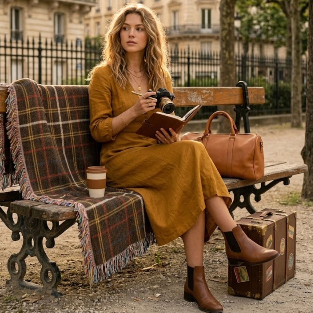 Woman in a mustard dress sitting on a park bench beside the Espresso Heritage Sett woven cotton throw blanket, showing the espresso brown tartan sett pattern with cream, doubled gold, and red-and-teal pinstripes and multicolor twisted fringe — Trini Skies