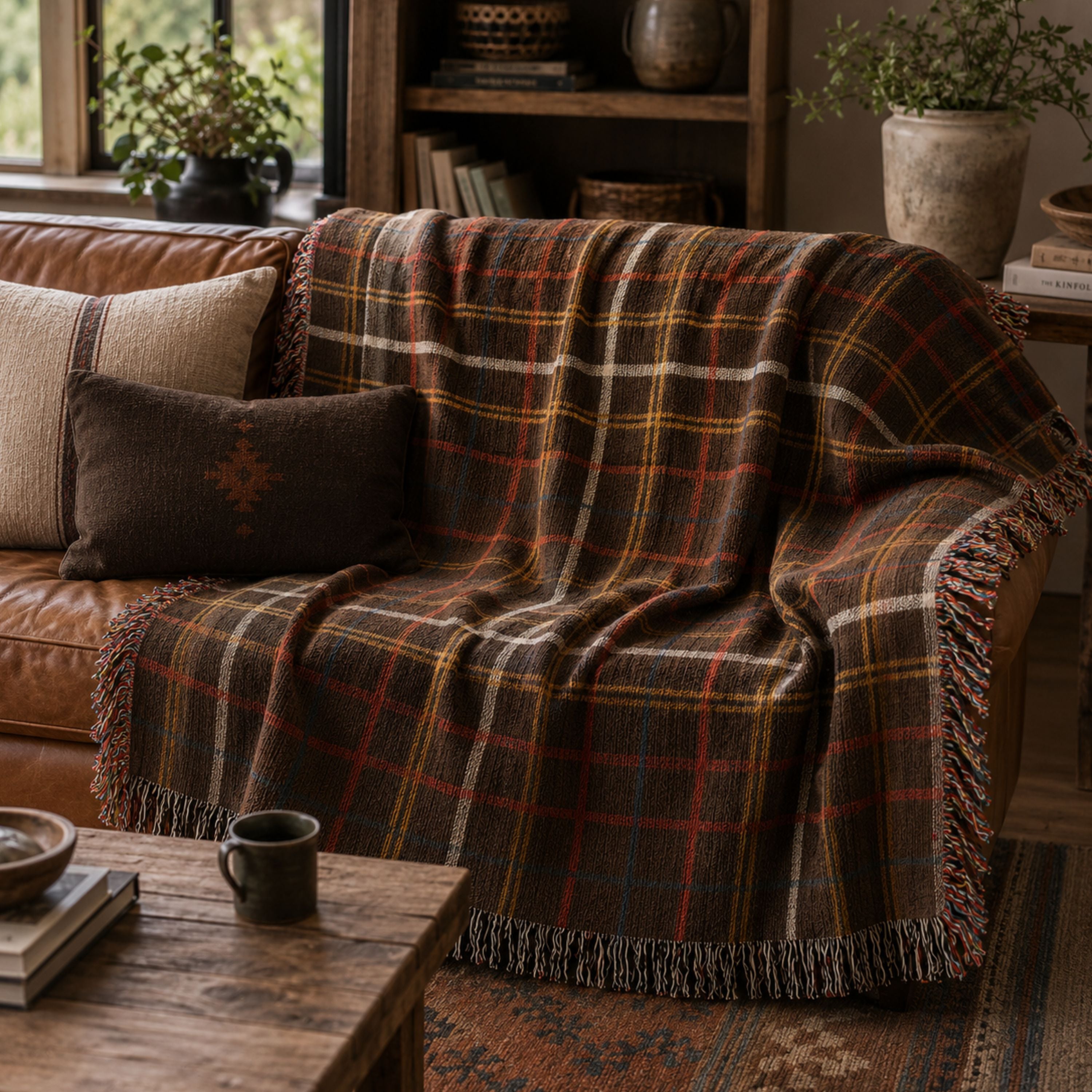 The Espresso Heritage Sett woven cotton throw blanket draped over a sofa, showing the espresso brown tartan sett pattern with cream, doubled gold, and red-and-teal pinstripes and multicolor twisted fringe — Trini Skies