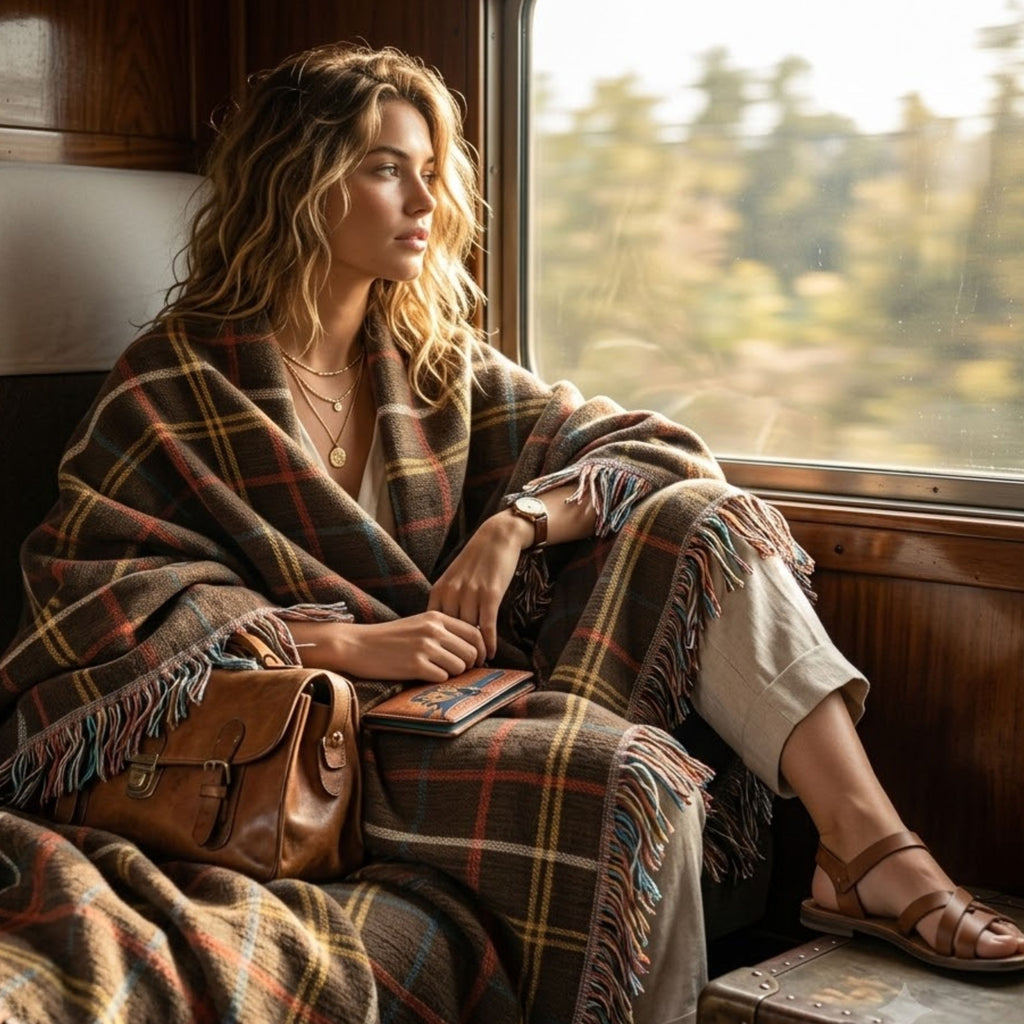 Woman wrapped in the Espresso Heritage Sett woven cotton throw blanket while seated by a train window in motion, showing the deep espresso brown tartan sett with cream, doubled gold, and red-and-teal pinstripes and the multicolor twisted fringe, styled for travel — Trini Skies