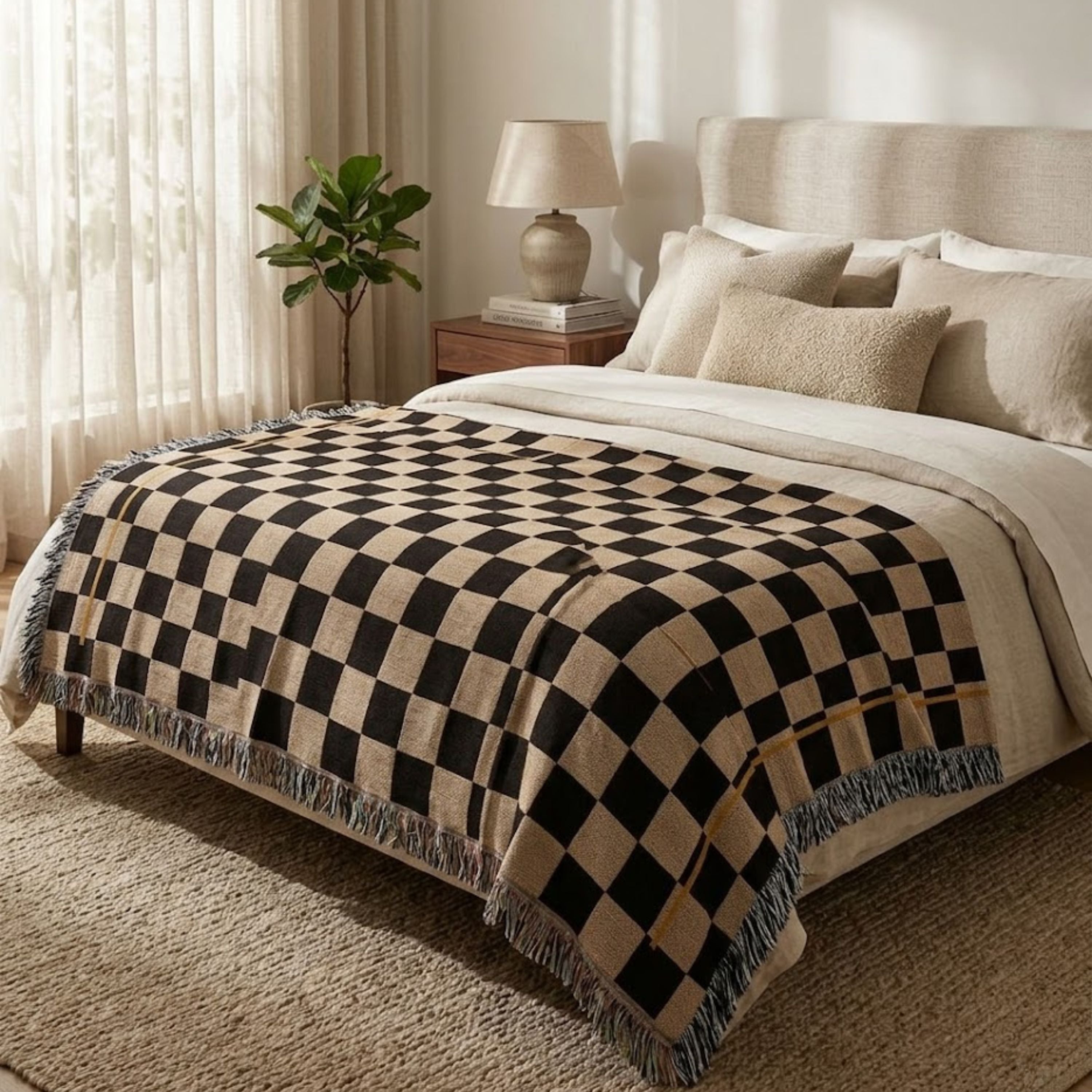 Espresso and oat checkerboard woven cotton throw blanket draped on a bed in a bright bedroom with sheer curtains and a plant
