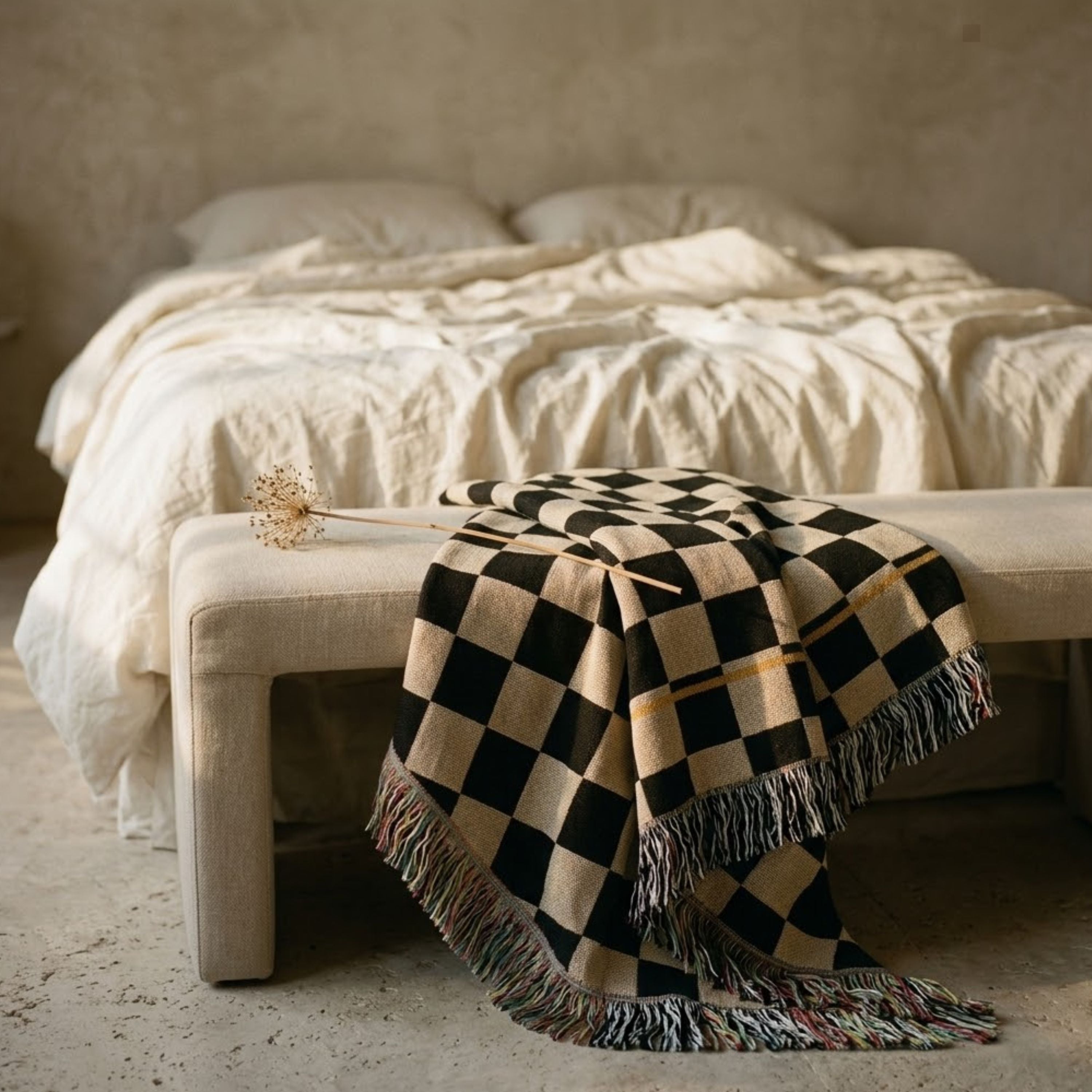 Espresso and oat checkerboard woven cotton throw blanket laid across a bed beside a wooden bench