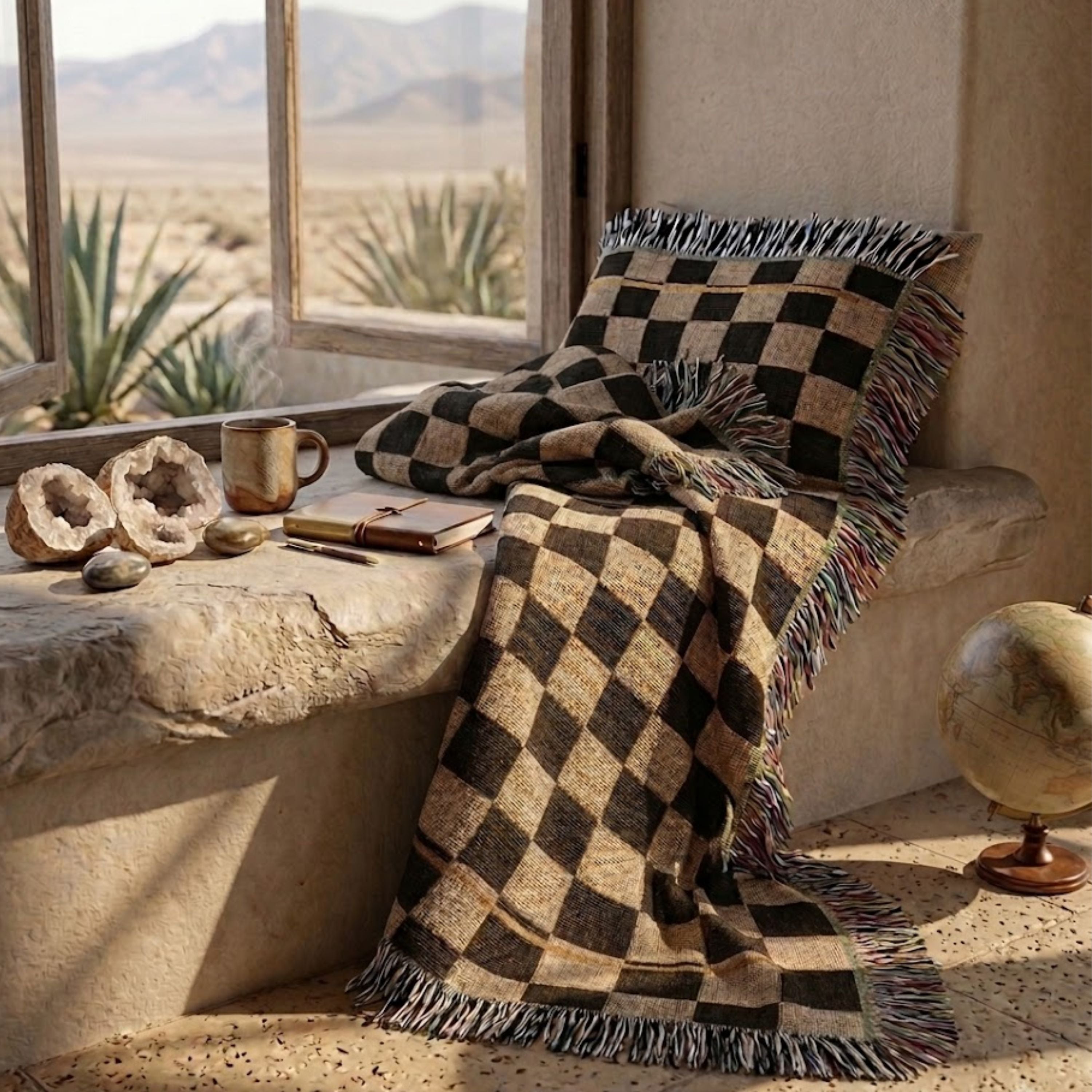 Espresso and oat checkerboard woven throw blanket draped over a window bench with a glass of wine and potted plants