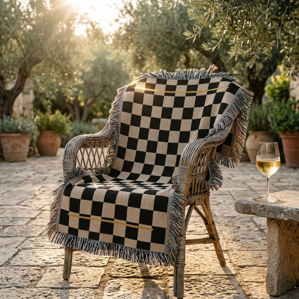 Espresso and oat checkerboard woven throw blanket draped over a wicker chair in an outdoor stone courtyard with wine