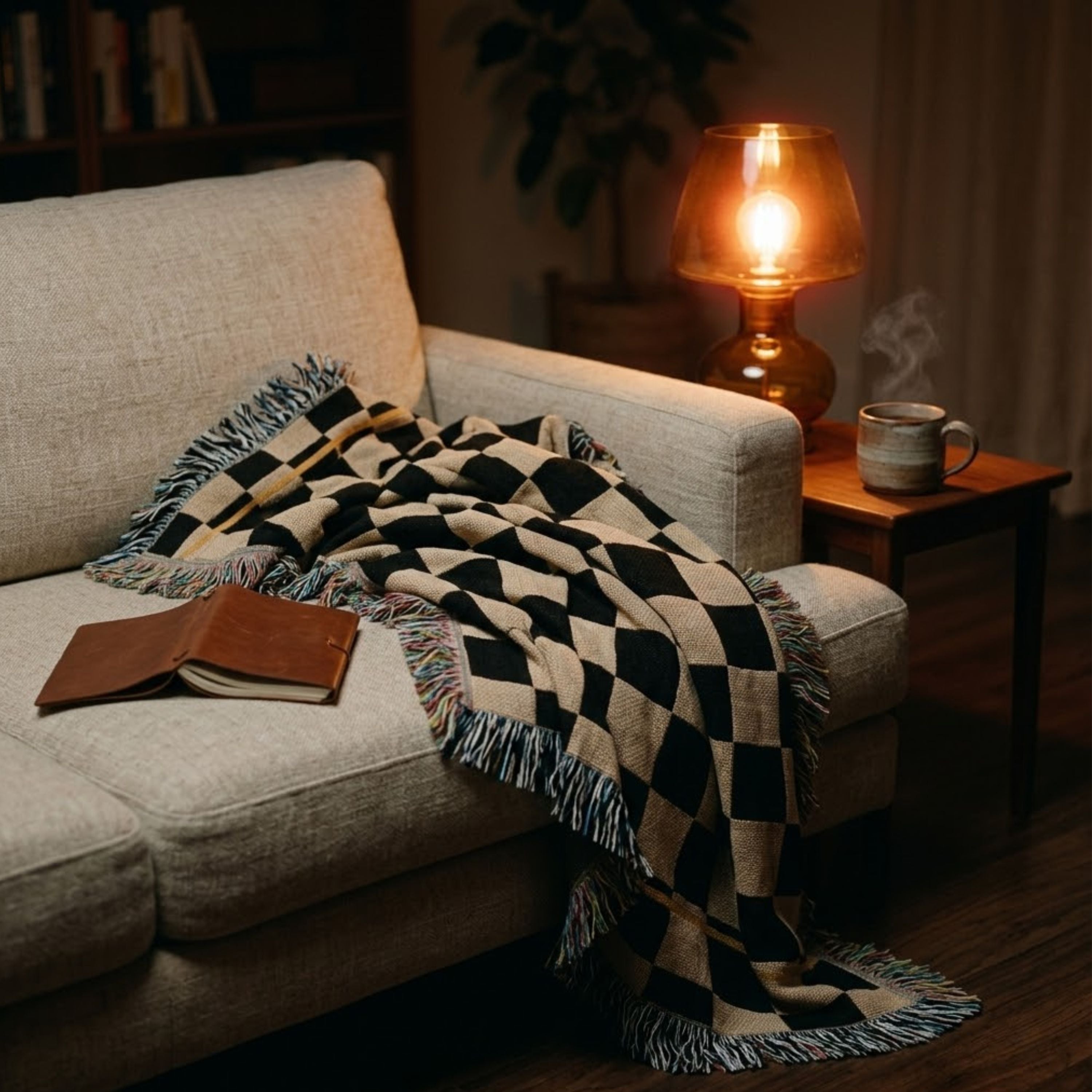 Espresso and oat checkerboard woven cotton throw blanket draped over a cream sofa arm with a lamp glowing