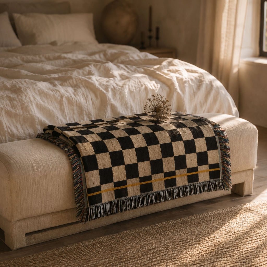 Espresso and oat checkerboard woven cotton throw blanket folded at the foot of a bed with a wood bench