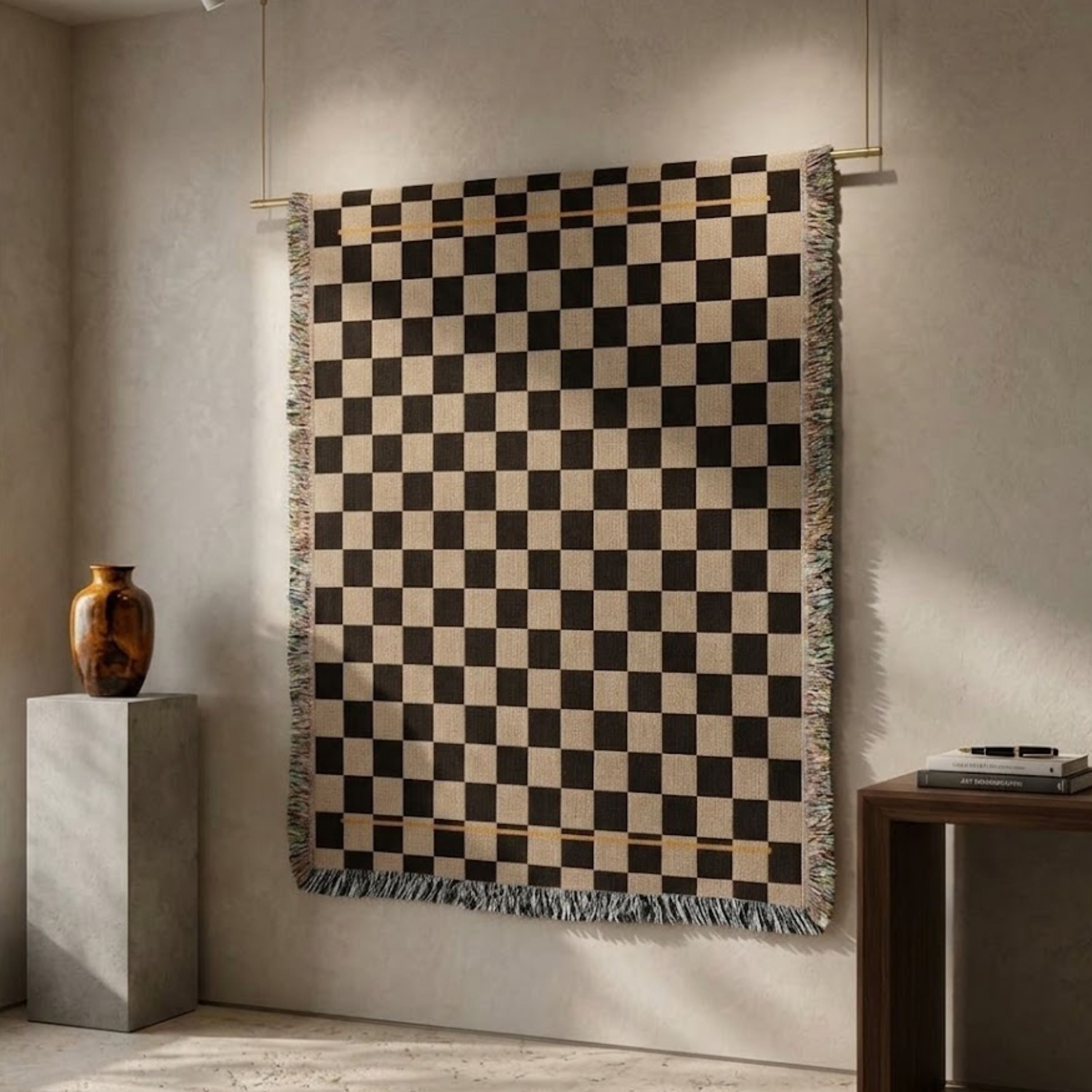 Espresso and oat checkerboard woven cotton throw blanket hanging as a tapestry showing full weave and gold hairline stripe detail