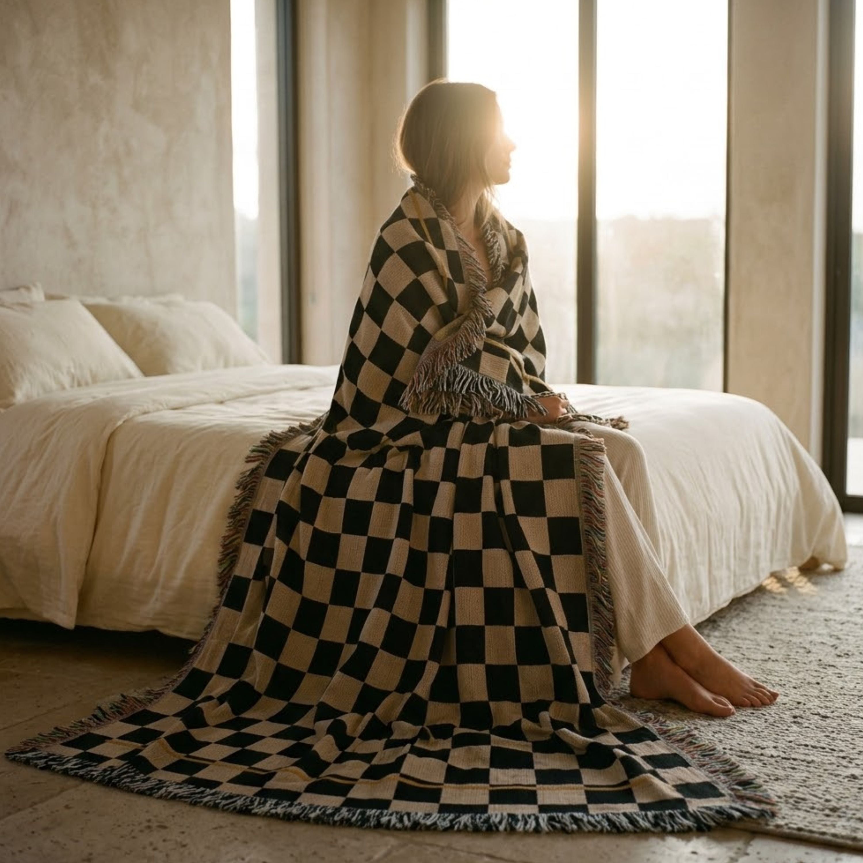 Woman wrapped in an espresso and oat checkerboard woven throw blanket seated on the edge of a sunlit bed