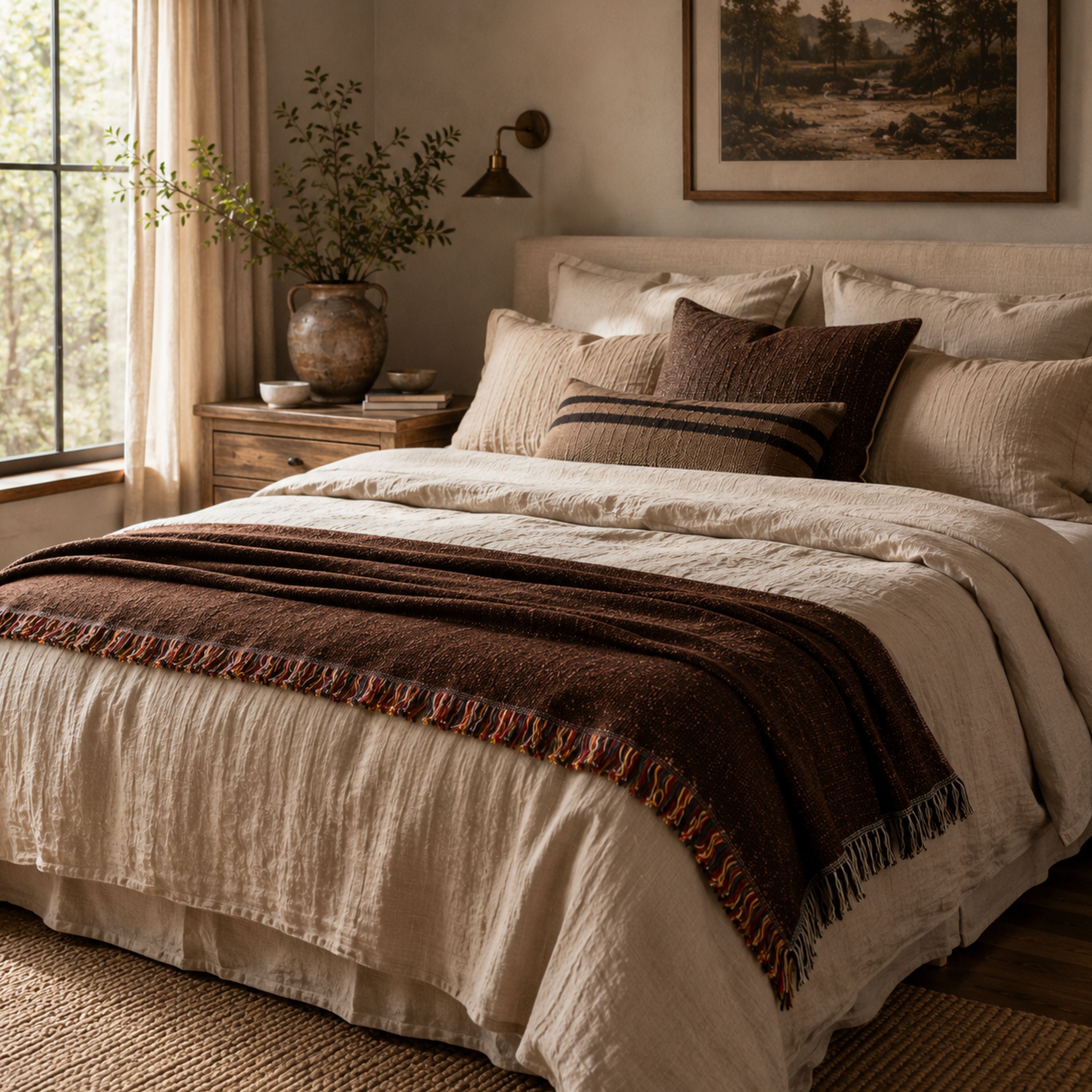 Close-up of a solid espresso woven cotton throw blanket draped across a bed, showing the jacquard weave texture and fringe trim — Trini Skies