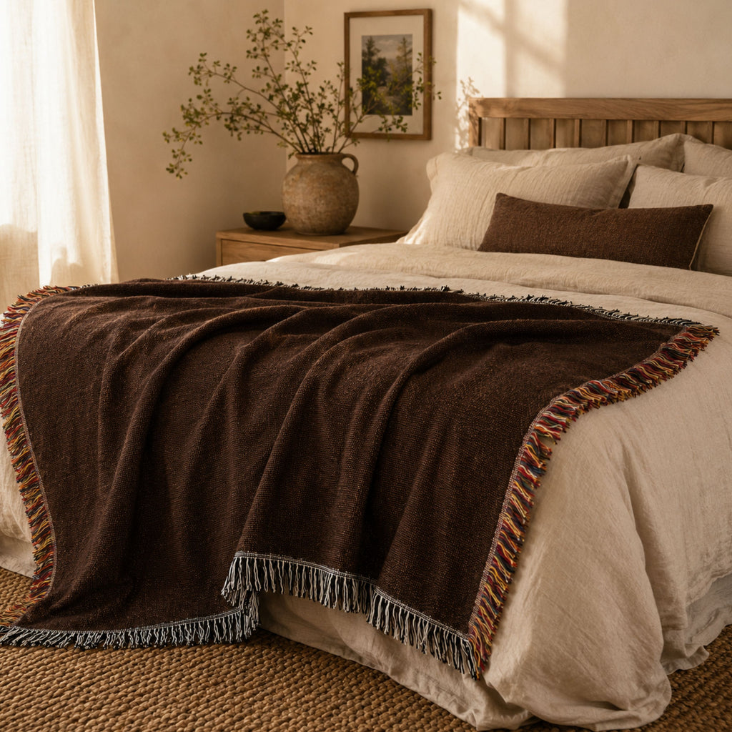 Solid espresso woven cotton throw blanket folded at the foot of a bed dressed in warm ivory linens, soft natural morning light — Trini Skies