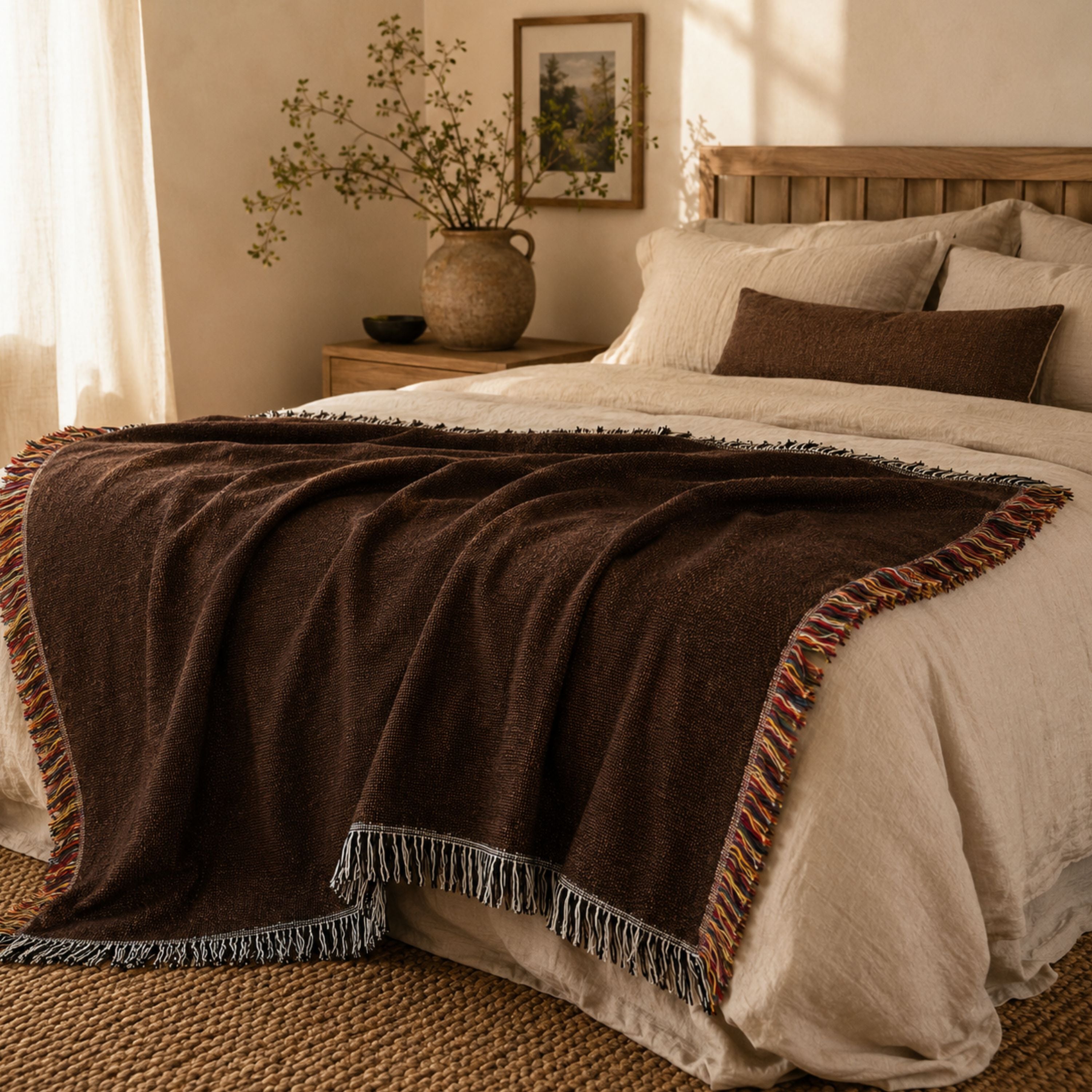 Solid espresso woven cotton throw blanket folded at the foot of a bed dressed in warm ivory linens, soft natural morning light — Trini Skies